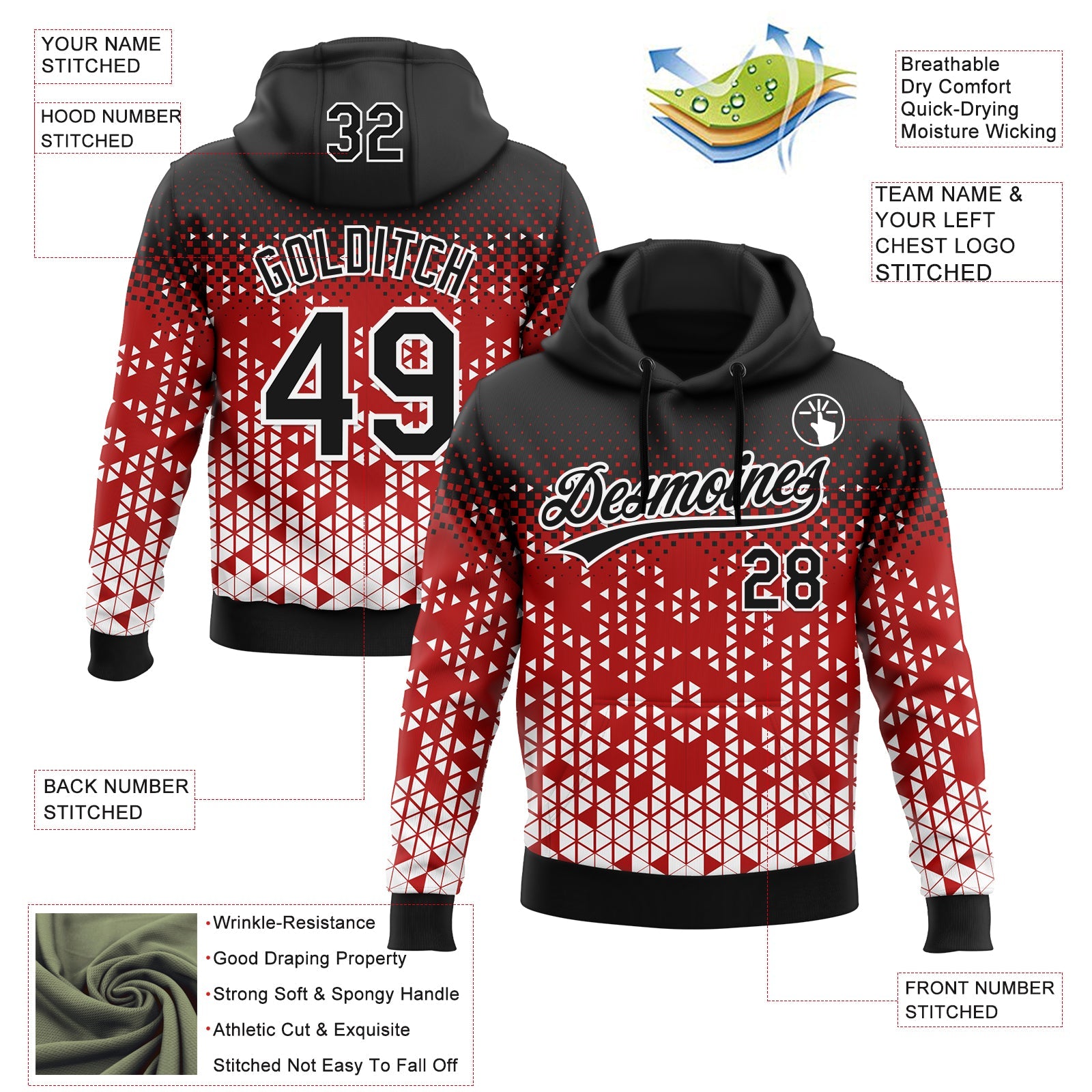 Custom Stitched Red Black-White 3D Pattern Design Geometrico Graph Sports Pullover Sweatshirt Hoodie view 2