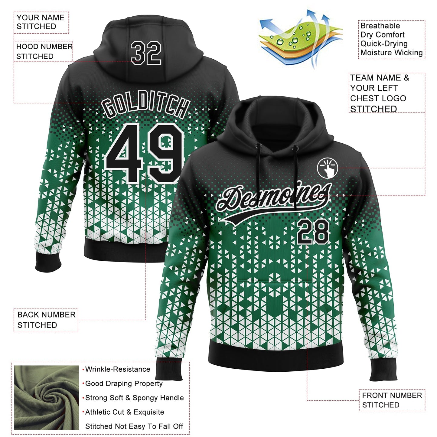 Custom Stitched Kelly Green Black-White 3D Pattern Design Geometrico Graph Sports Pullover Sweatshirt Hoodie view 2