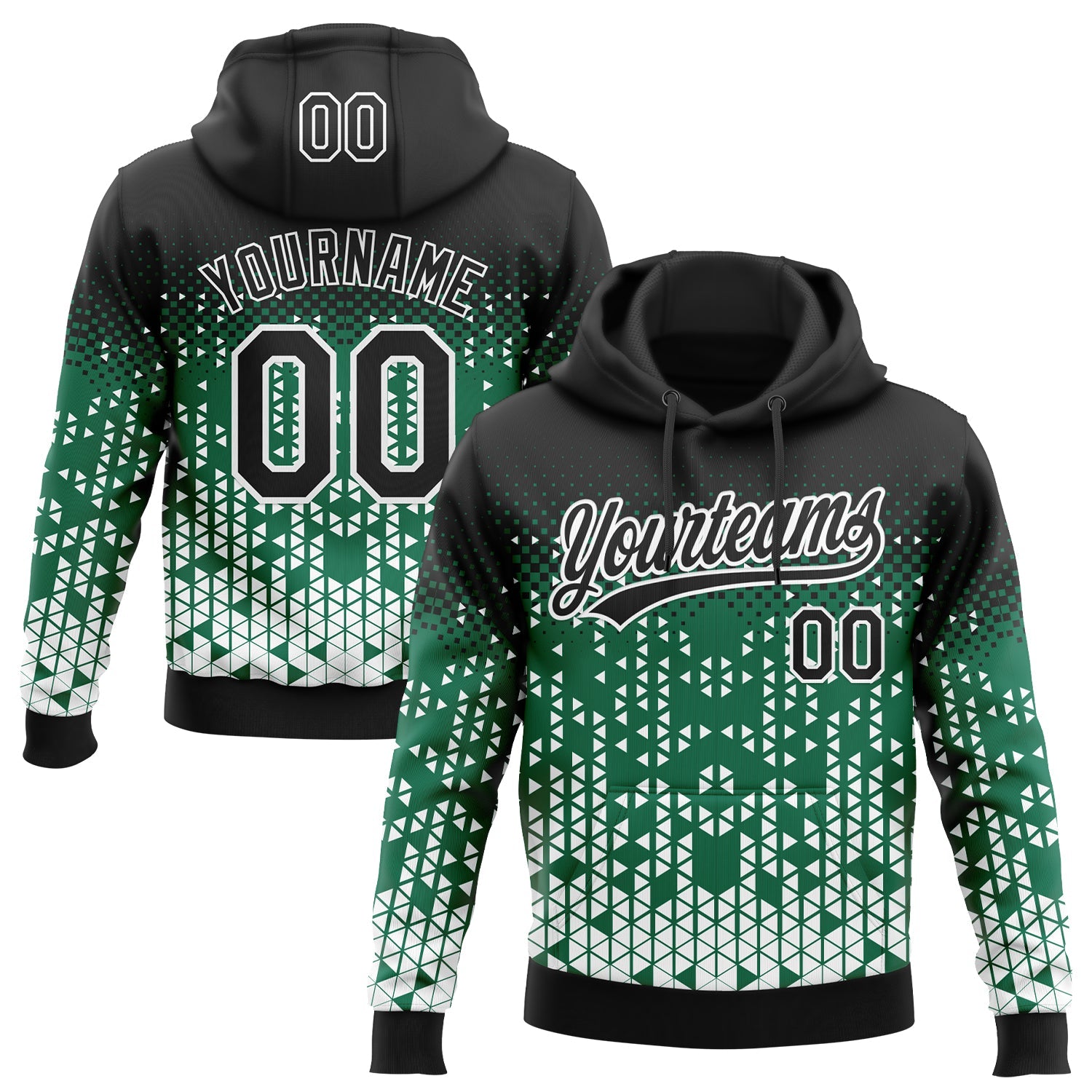 Custom Stitched Kelly Green Black-White 3D Pattern Design Geometrico Graph Sports Pullover Sweatshirt Hoodie - Main View