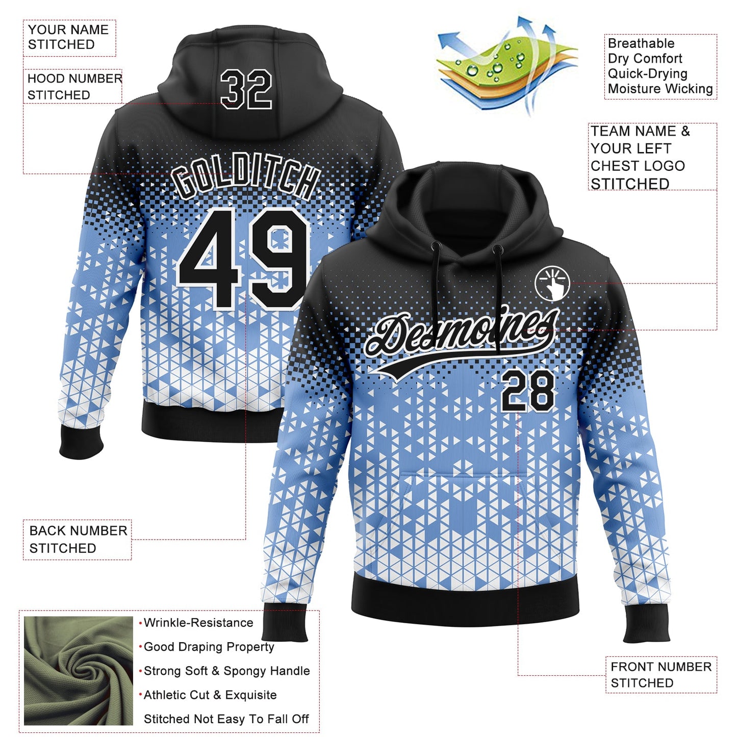 Custom Stitched Light Blue Black-White 3D Pattern Design Geometrico Graph Sports Pullover Sweatshirt Hoodie view 2