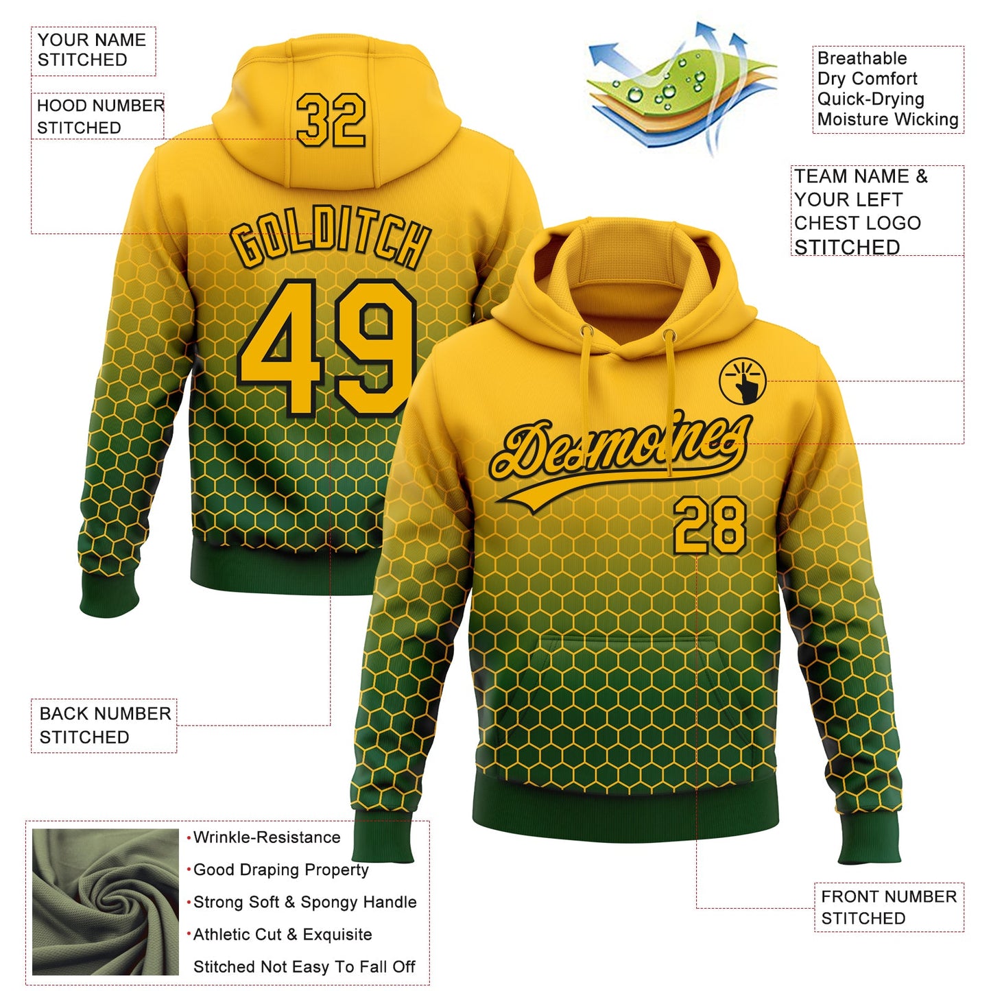 Custom Stitched Green Gold-Black 3D Pattern Design Geometrico Graph Sports Pullover Sweatshirt Hoodie view 2