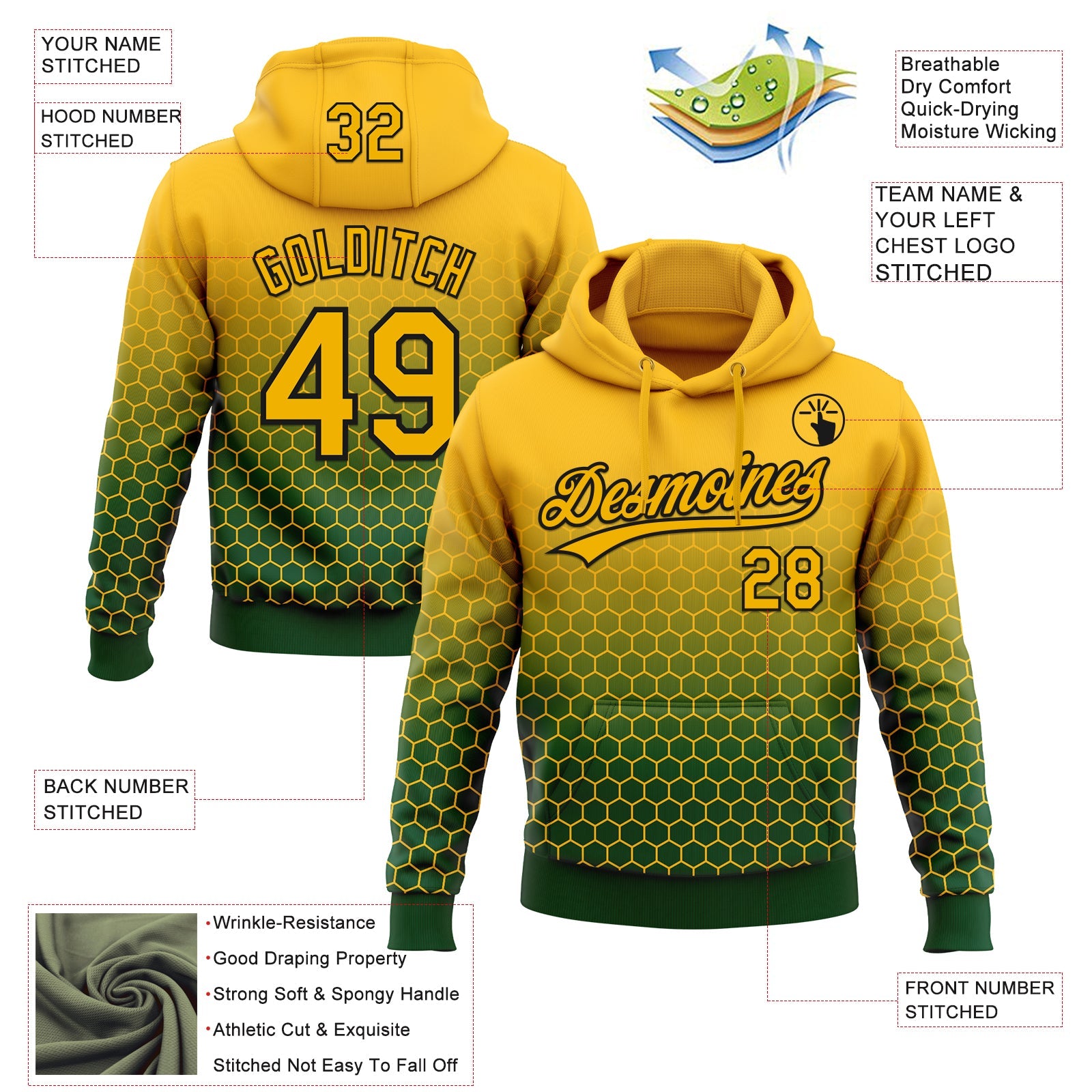Custom Stitched Green Gold-Black 3D Pattern Design Geometrico Graph Sports Pullover Sweatshirt Hoodie view 2