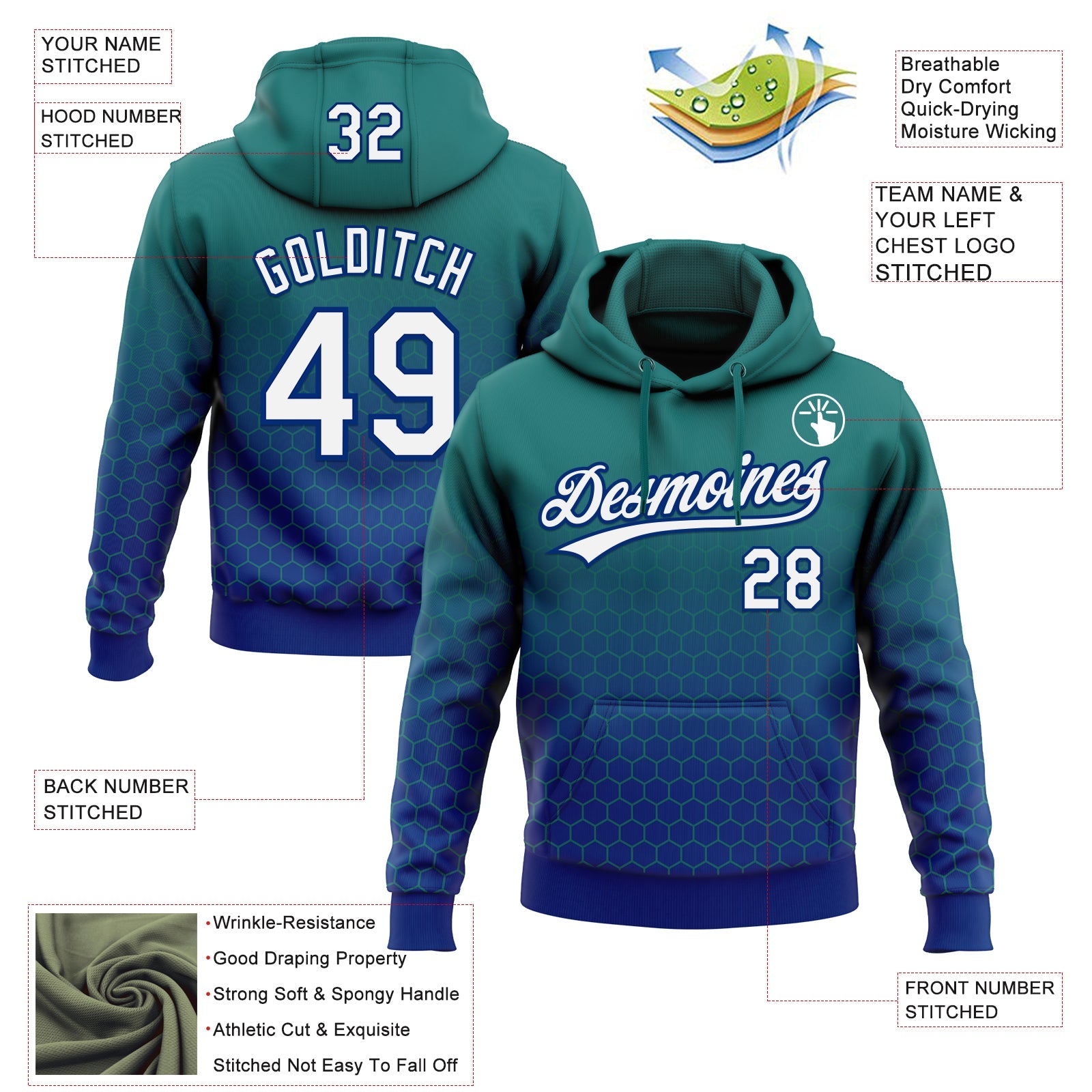 Custom Stitched Teal White-Royal 3D Pattern Design Geometrico Graph Sports Pullover Sweatshirt Hoodie view 2