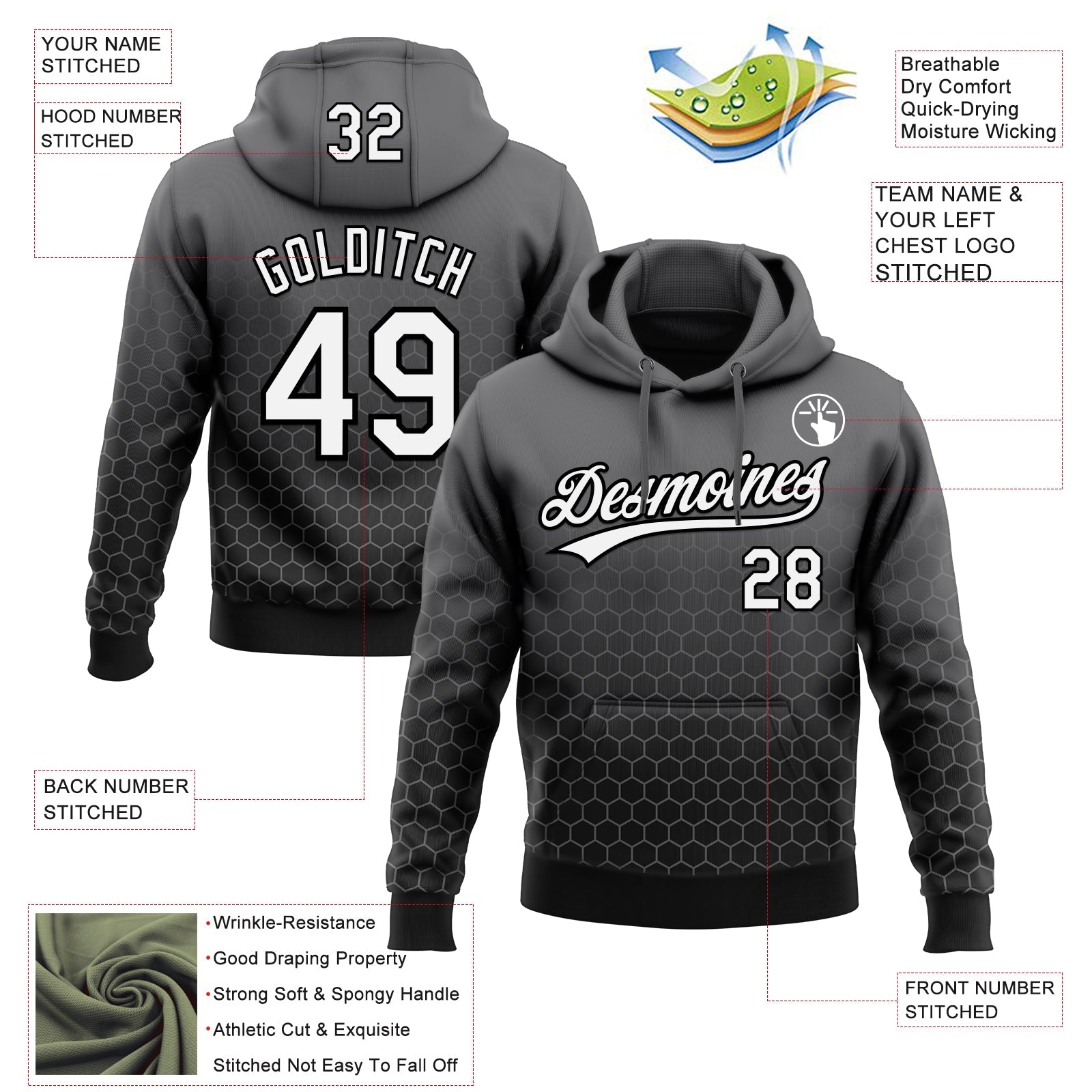 Custom Stitched Steel Gray White-Black 3D Pattern Design Geometrico Graph Sports Pullover Sweatshirt Hoodie view 2