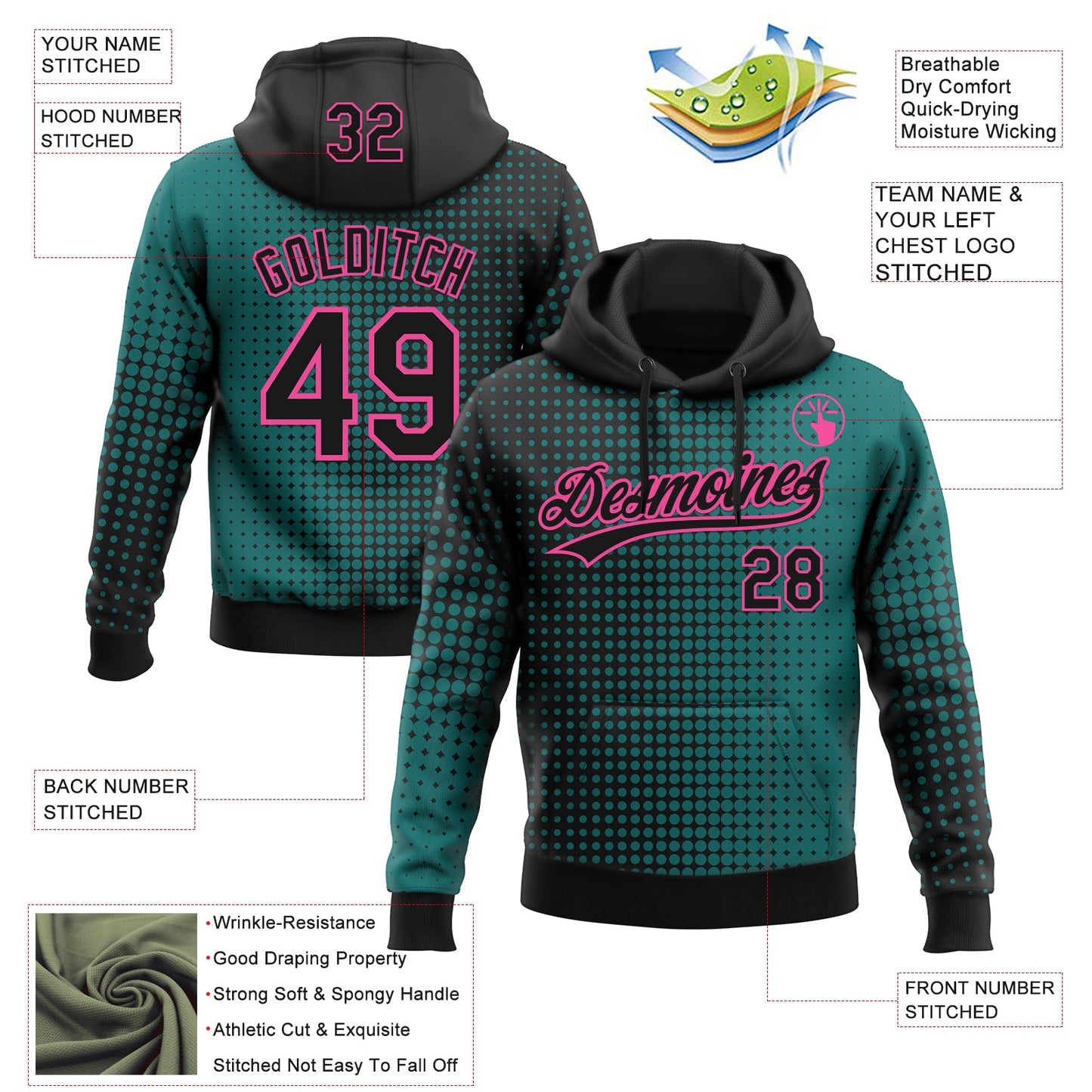 Custom Stitched Teal Black-Pink 3D Pattern Design Geometrico Graph Sports Pullover Sweatshirt Hoodie view 2