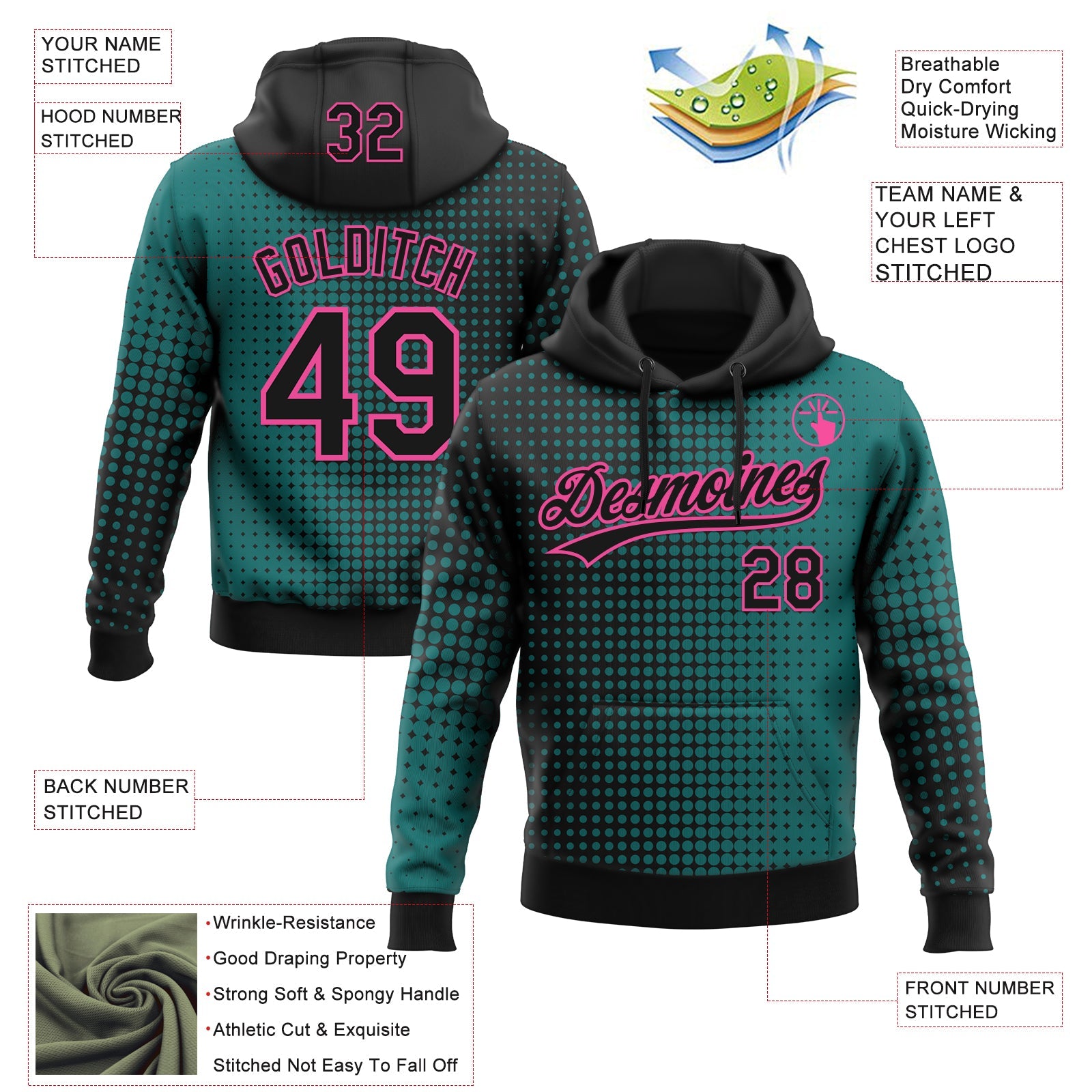 Custom Stitched Teal Black-Pink 3D Pattern Design Geometrico Graph Sports Pullover Sweatshirt Hoodie view 2