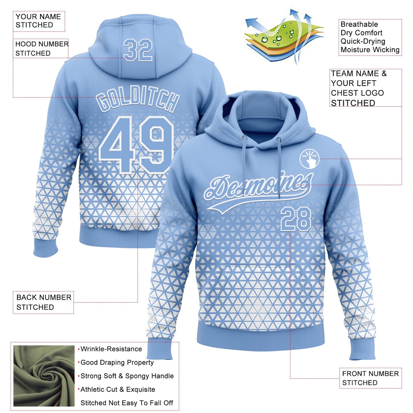 Custom Stitched Light Blue Light Blue-White 3D Pattern Design Geometrico Graph Sports Pullover Sweatshirt Hoodie view 2