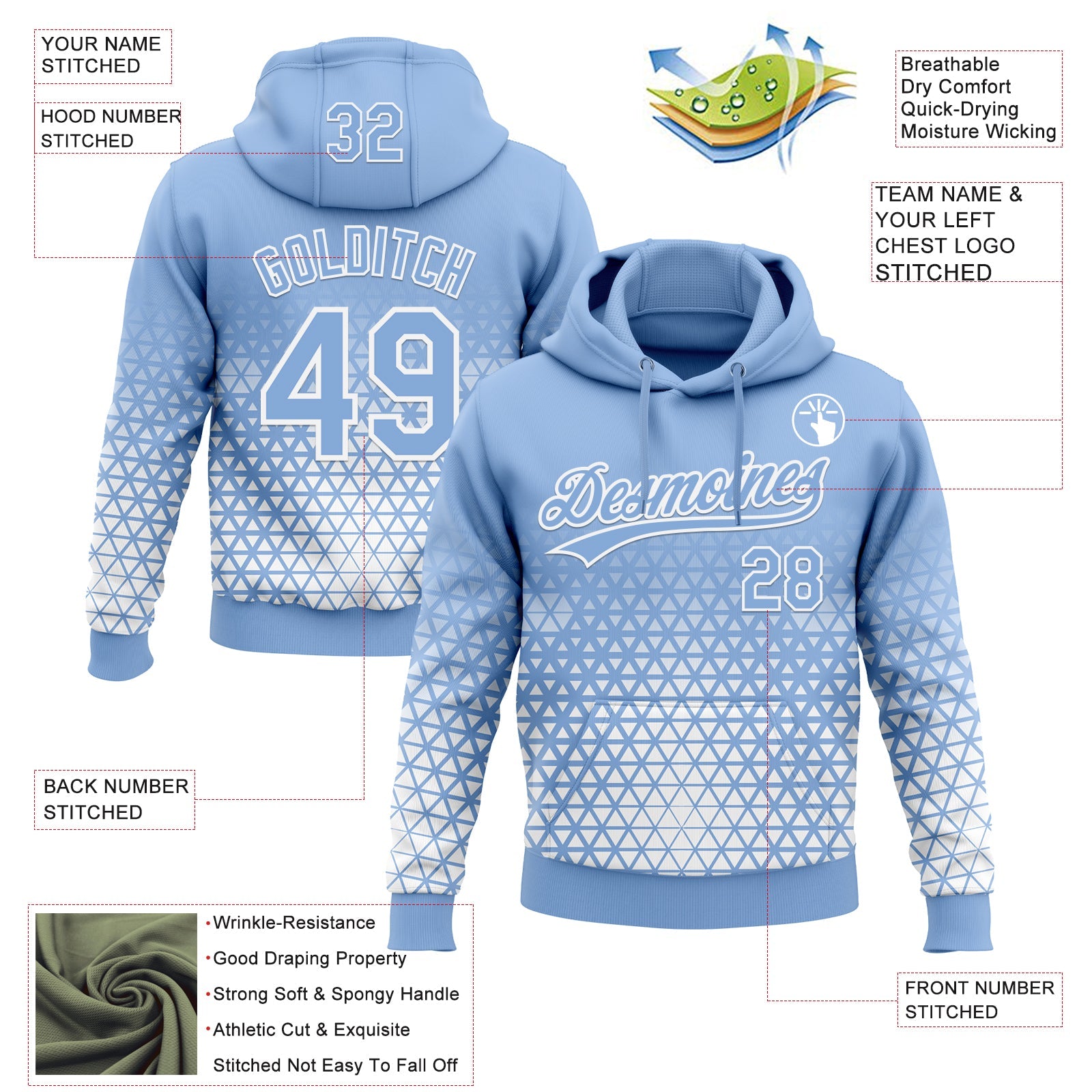 Custom Stitched Light Blue Light Blue-White 3D Pattern Design Geometrico Graph Sports Pullover Sweatshirt Hoodie view 2