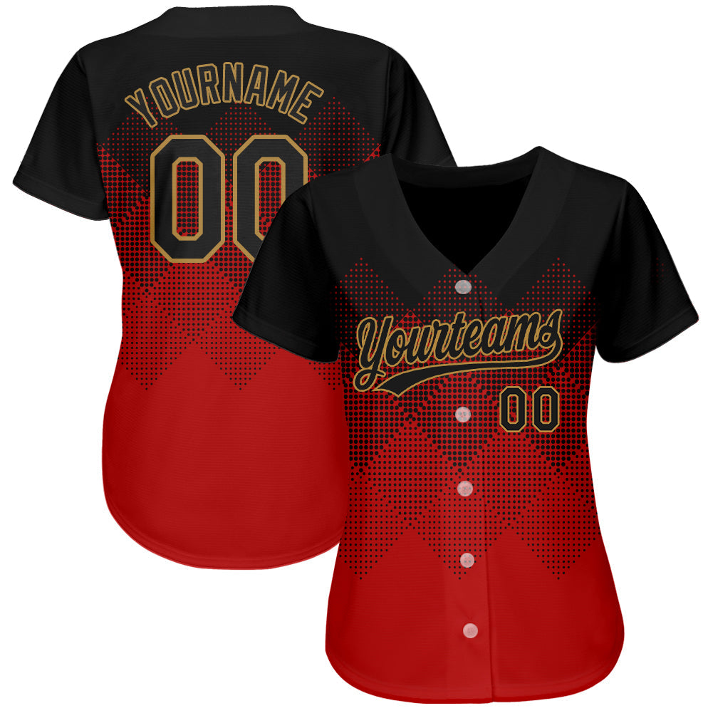 Custom Red Black-Old Gold 3D Pattern Design Authentic Baseball Jersey view 2