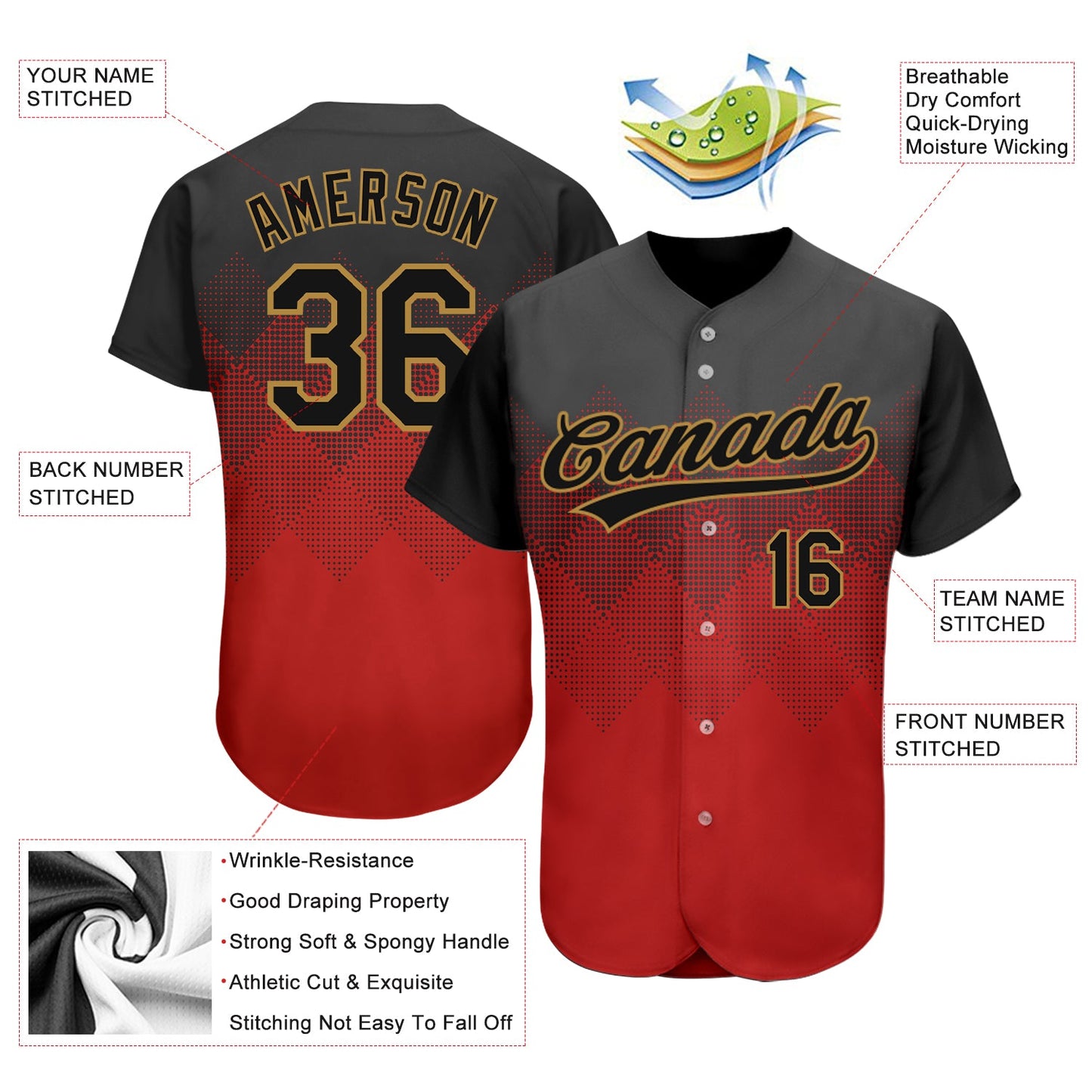 Custom Red Black-Old Gold 3D Pattern Design Authentic Baseball Jersey view 3