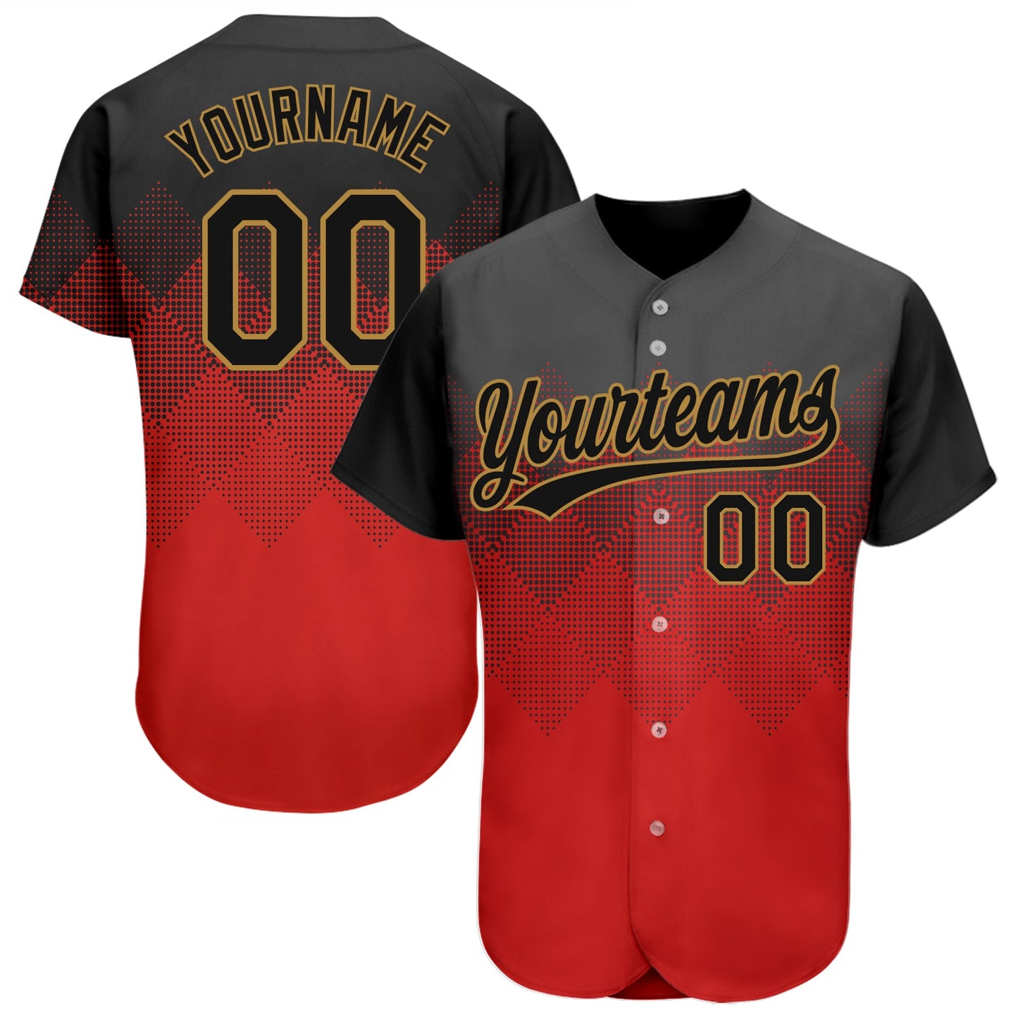 Custom Red Black-Old Gold 3D Pattern Design Authentic Baseball Jersey - Main View