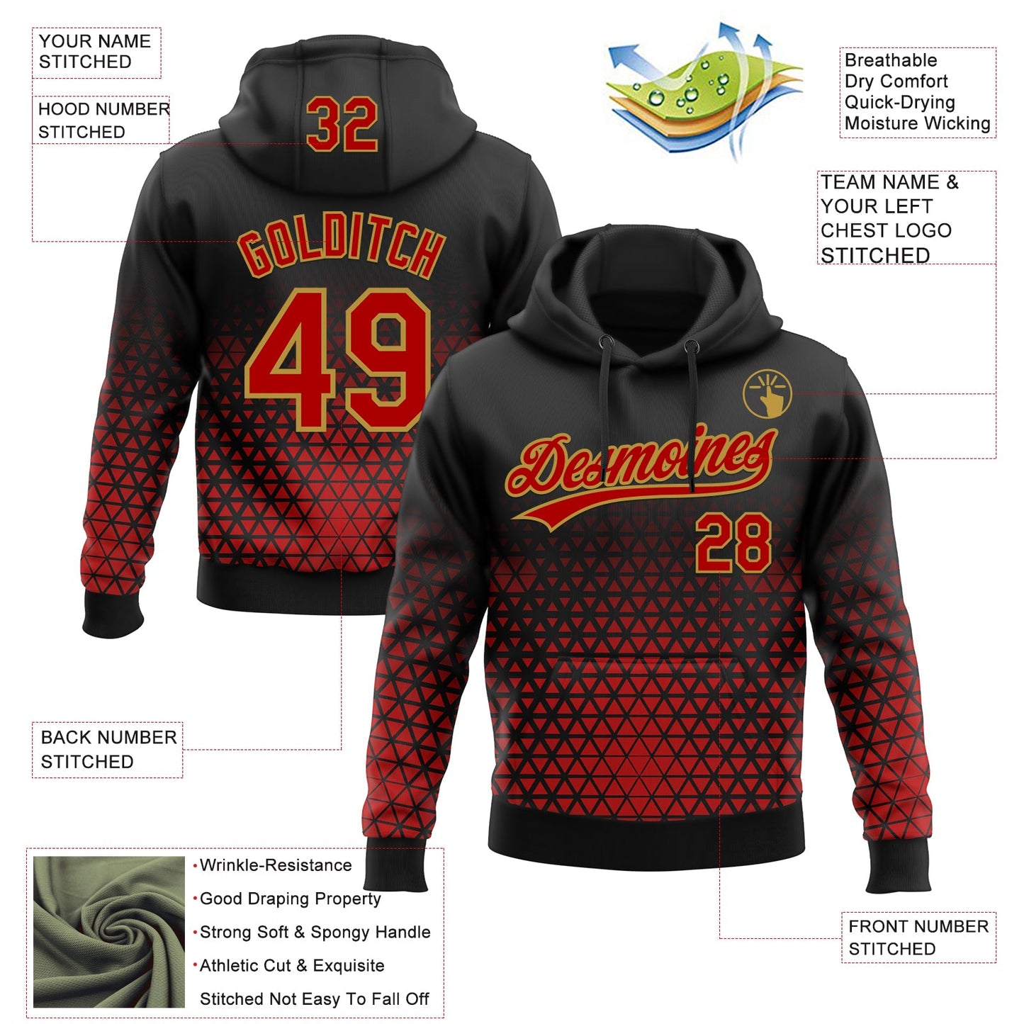 Custom Stitched Black Red-Old Gold 3D Pattern Design Geometrico Graph Sports Pullover Sweatshirt Hoodie view 2