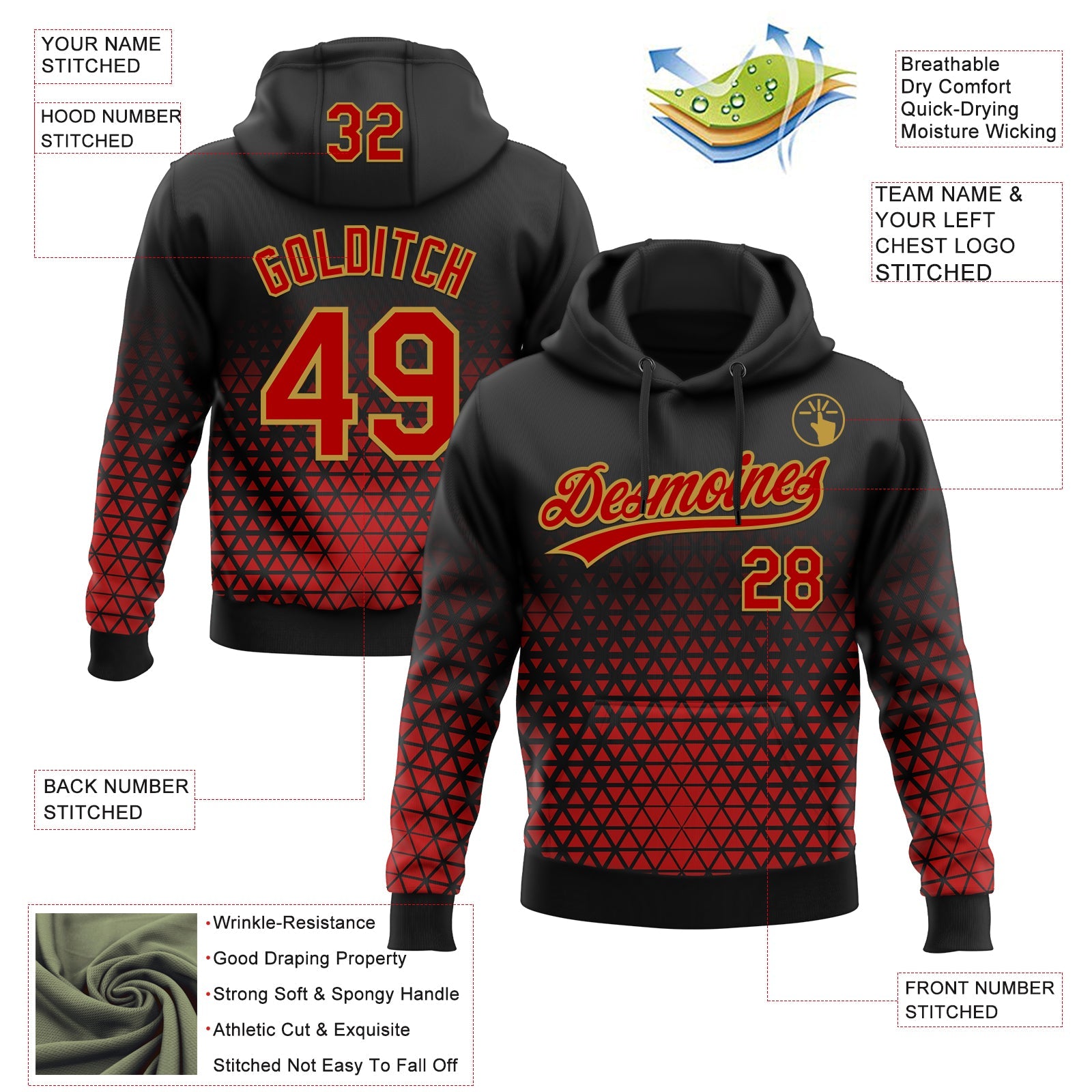Custom Stitched Black Red-Old Gold 3D Pattern Design Geometrico Graph Sports Pullover Sweatshirt Hoodie view 2