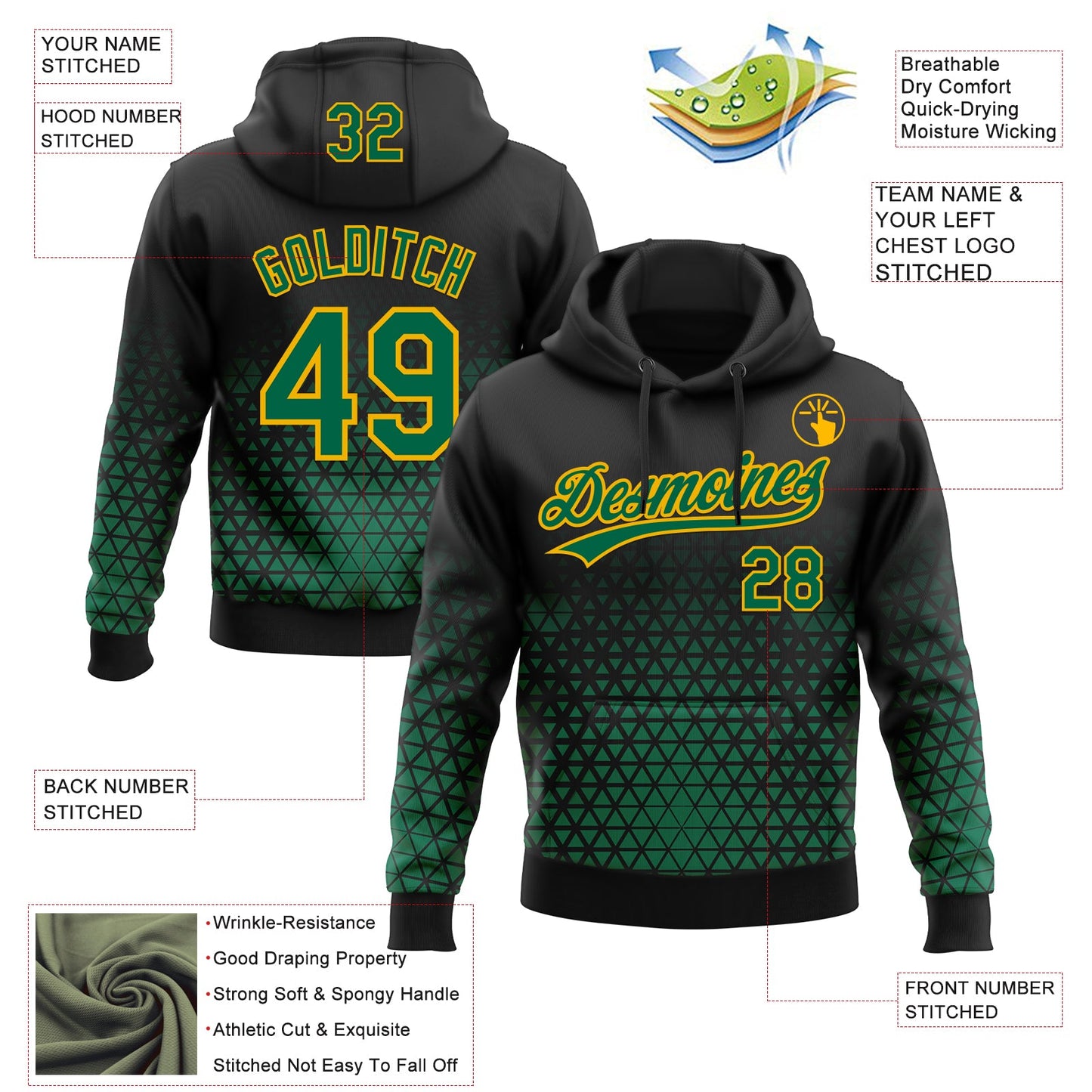 Custom Stitched Black Kelly Green-Gold 3D Pattern Design Geometrico Graph Sports Pullover Sweatshirt Hoodie view 2