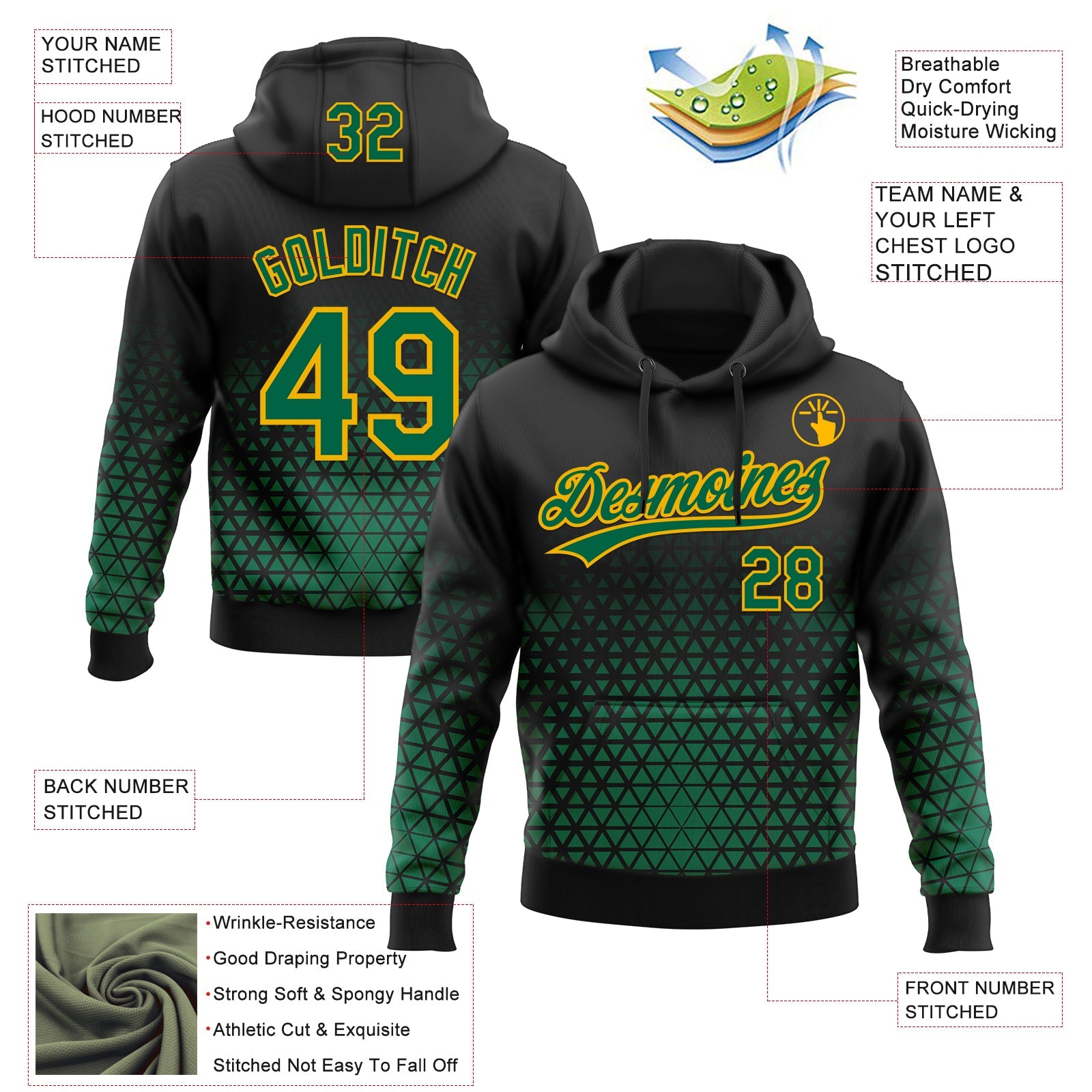 Custom Stitched Black Kelly Green-Gold 3D Pattern Design Geometrico Graph Sports Pullover Sweatshirt Hoodie view 2