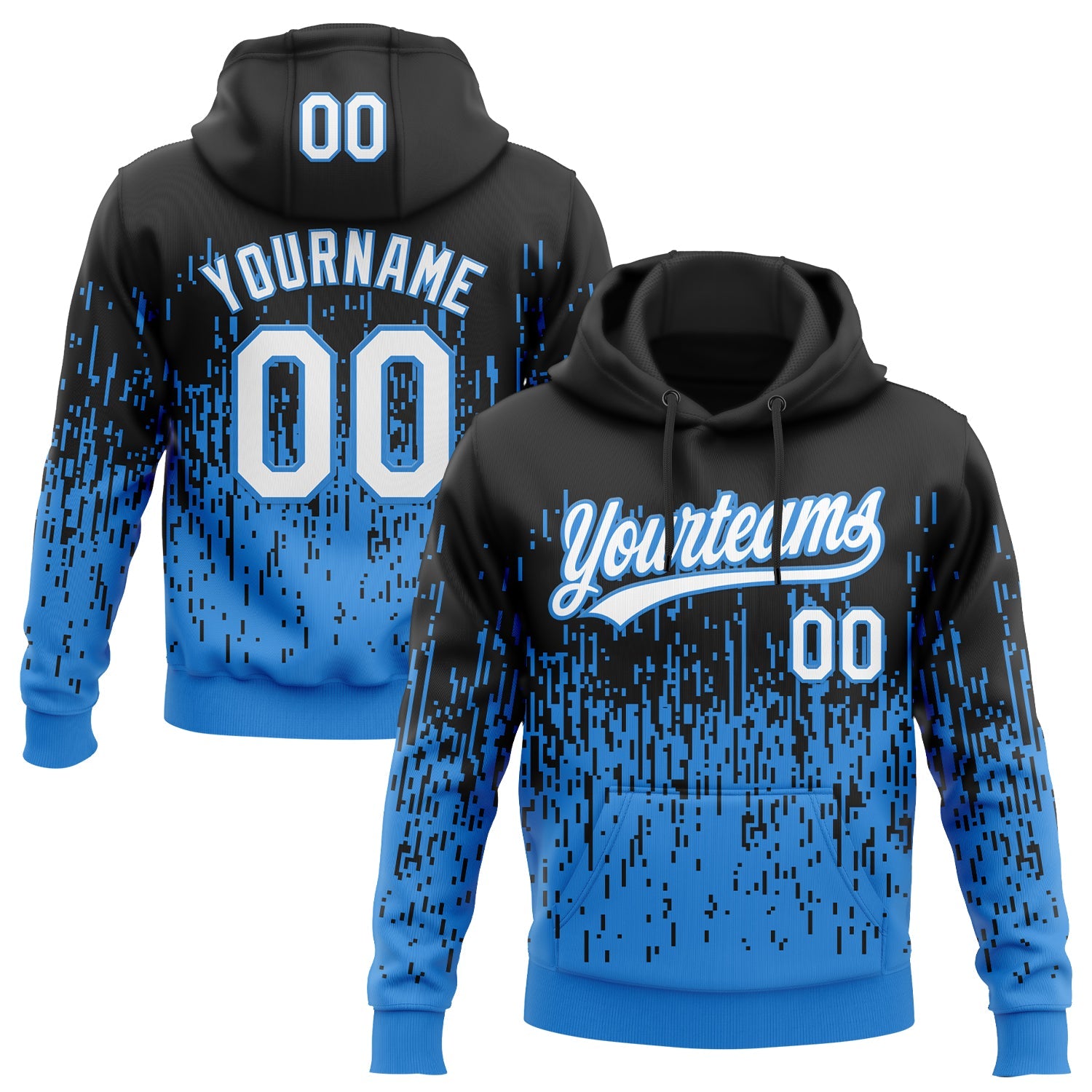 Custom Stitched Black White-Powder Blue 3D Pattern Design Abstract Shape Sports Pullover Sweatshirt Hoodie - Main View
