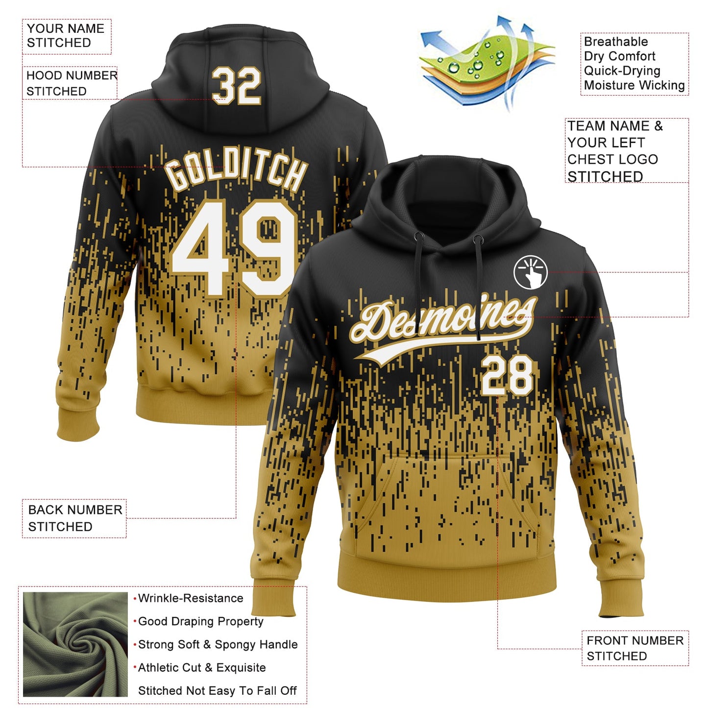 Custom Stitched Black White-Old Gold 3D Pattern Design Abstract Shape Sports Pullover Sweatshirt Hoodie view 2