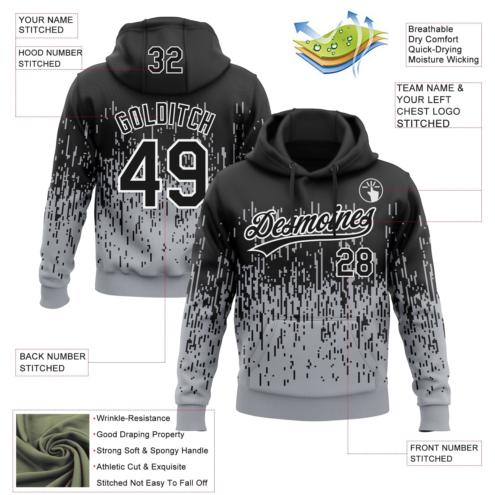 Custom Stitched Gray Black-White 3D Pattern Design Abstract Shape Sports Pullover Sweatshirt Hoodie view 2