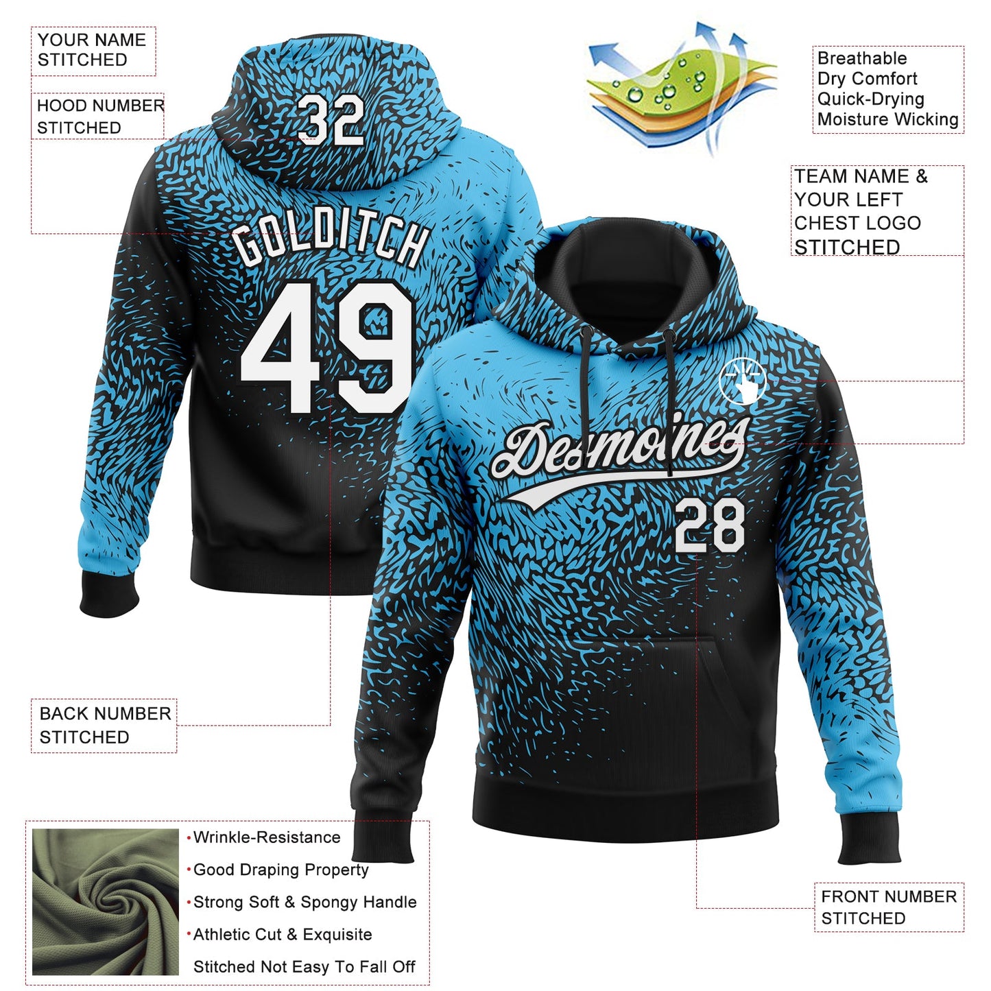 Custom Stitched Sky Blue White-Black 3D Pattern Design Abstract Shape Sports Pullover Sweatshirt Hoodie view 2
