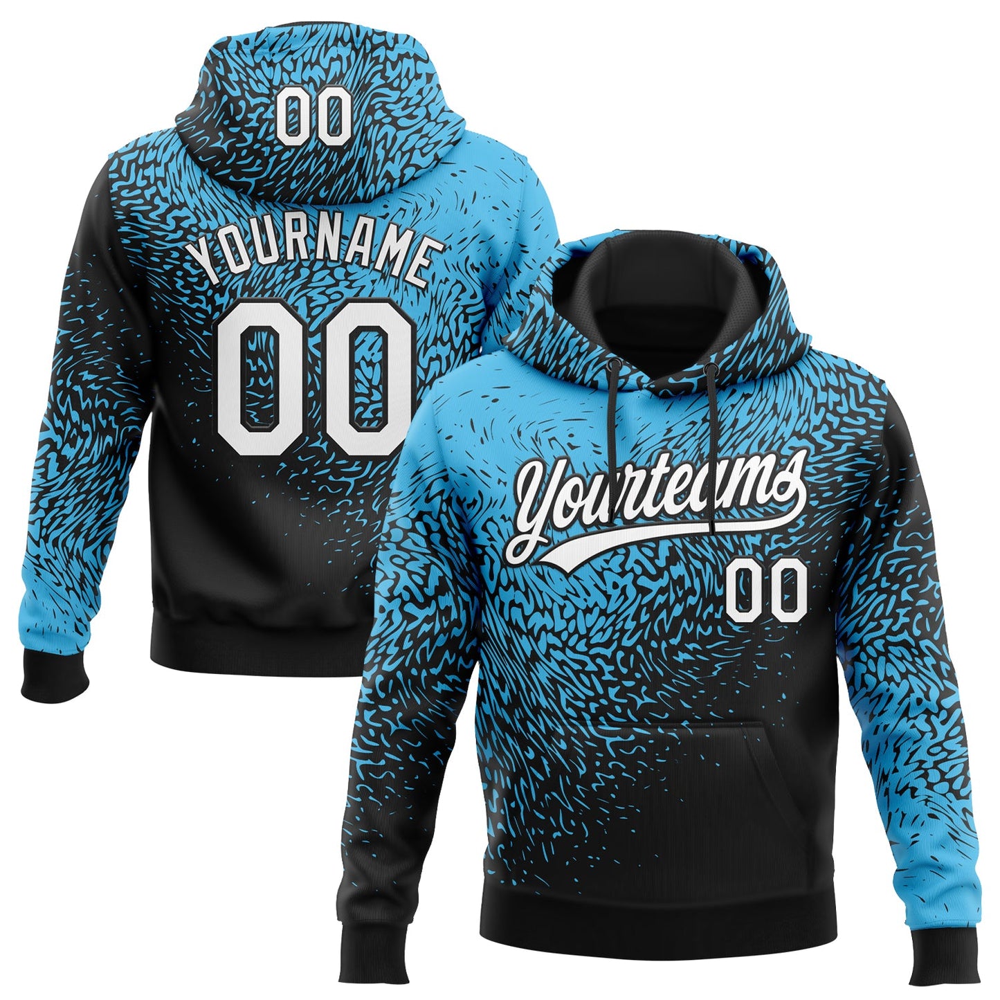 Custom Stitched Sky Blue White-Black 3D Pattern Design Abstract Shape Sports Pullover Sweatshirt Hoodie - Main View