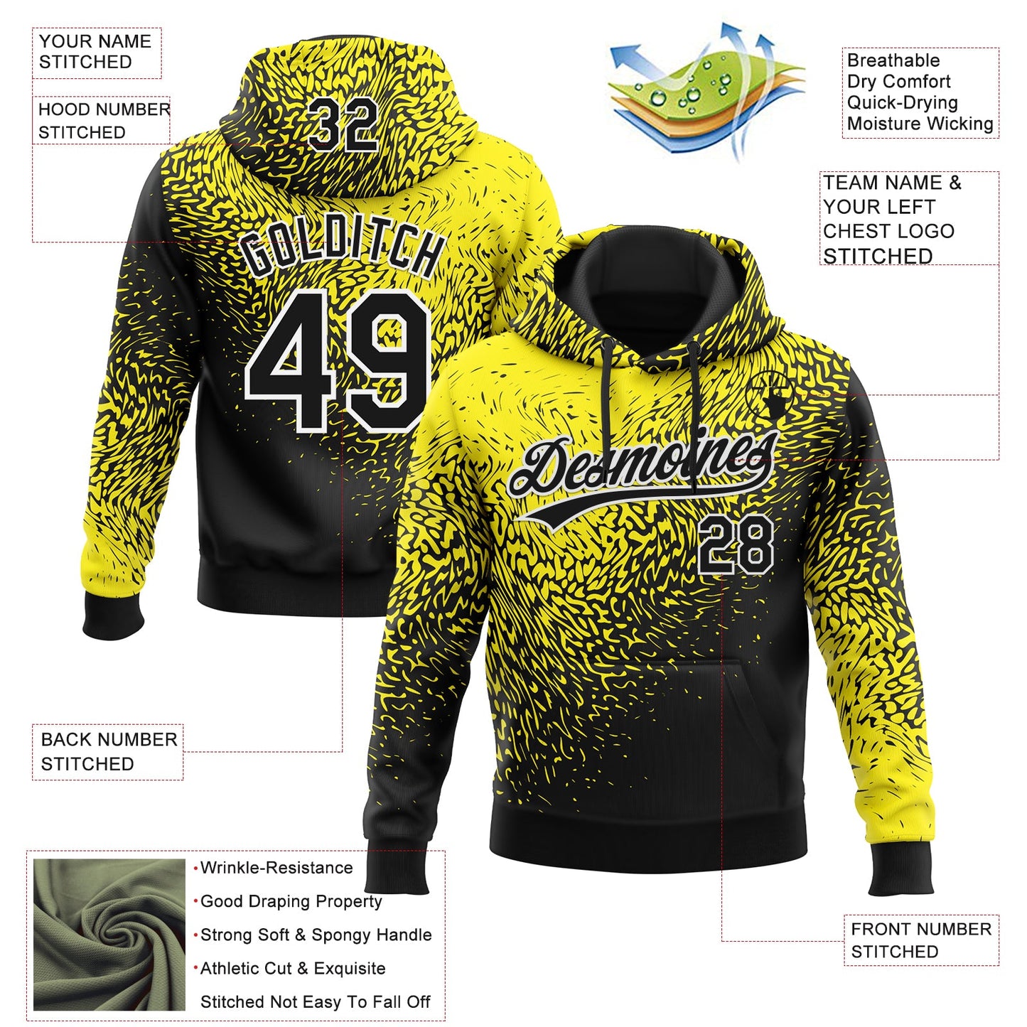 Custom Stitched Light Yellow Black-White 3D Pattern Design Abstract Shape Sports Pullover Sweatshirt Hoodie view 2