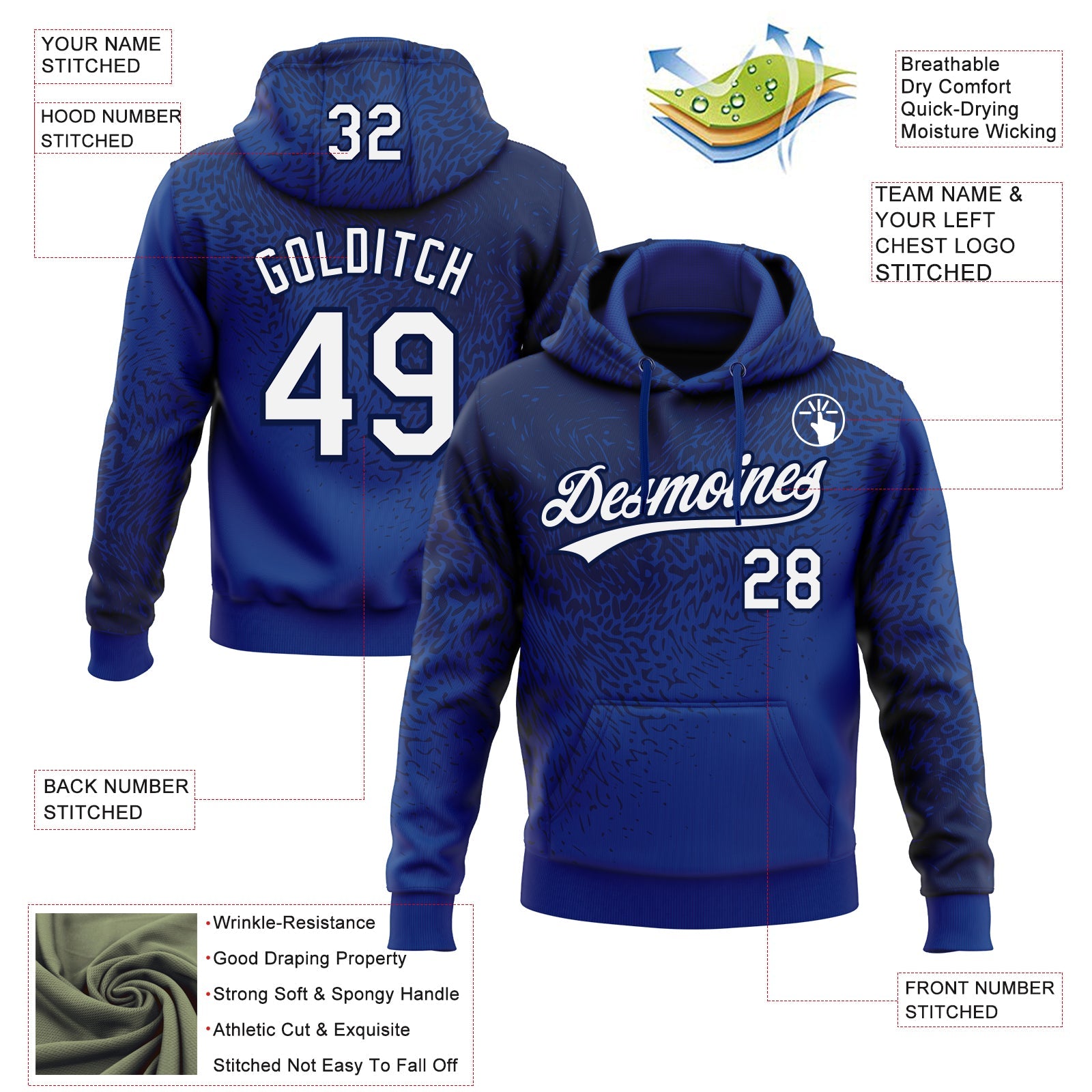 Custom Stitched Royal White-Navy 3D Pattern Design Abstract Shape Sports Pullover Sweatshirt Hoodie view 2
