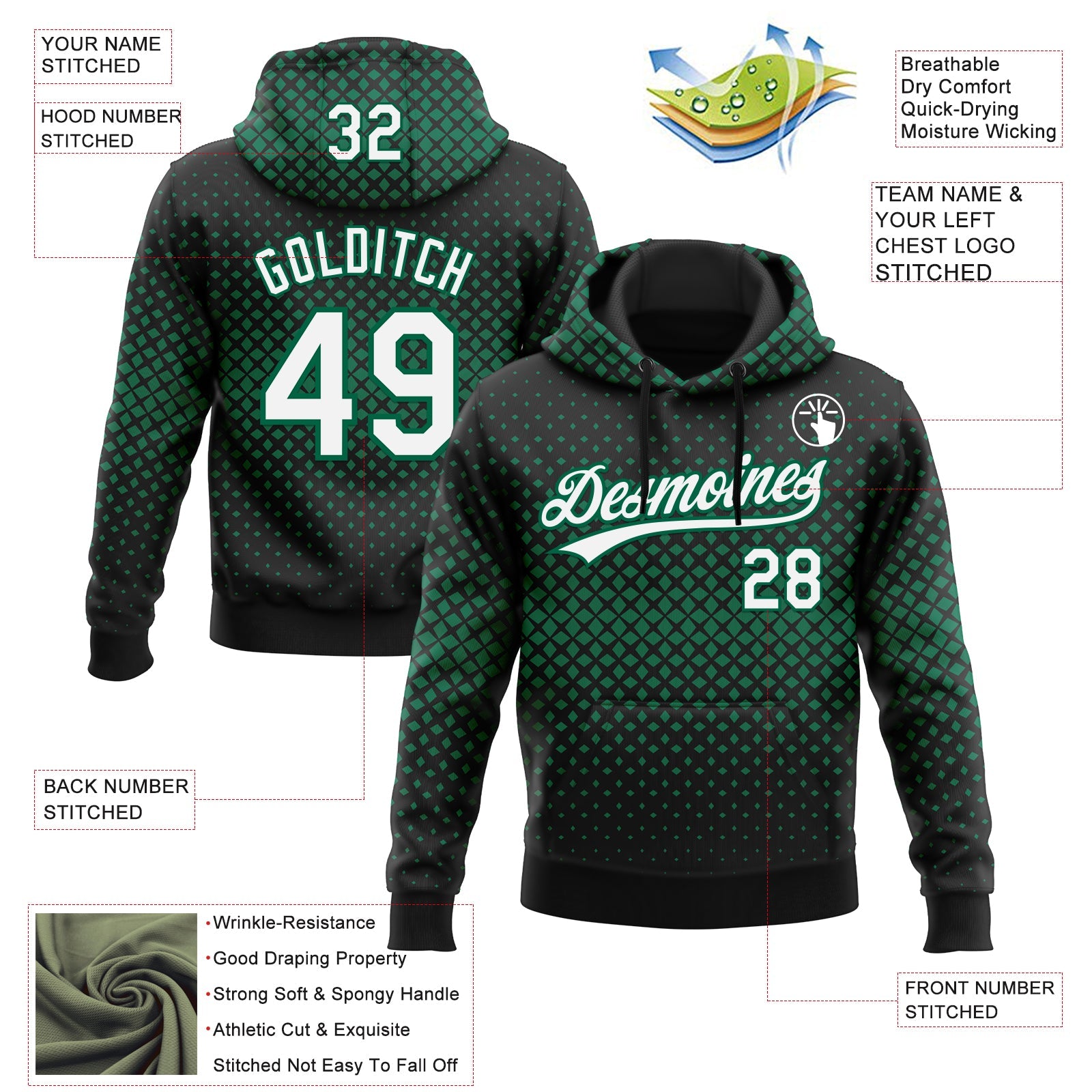 Custom Stitched Black White-Kelly Green 3D Pattern Design Geometrico Graph Sports Pullover Sweatshirt Hoodie view 2