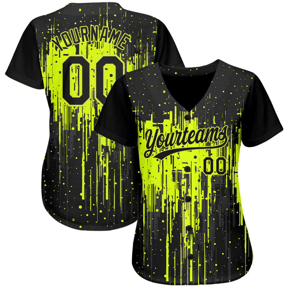 Custom Neon Green Black 3D Pattern Design Dripping Splatter Art Authentic Baseball Jersey view 3