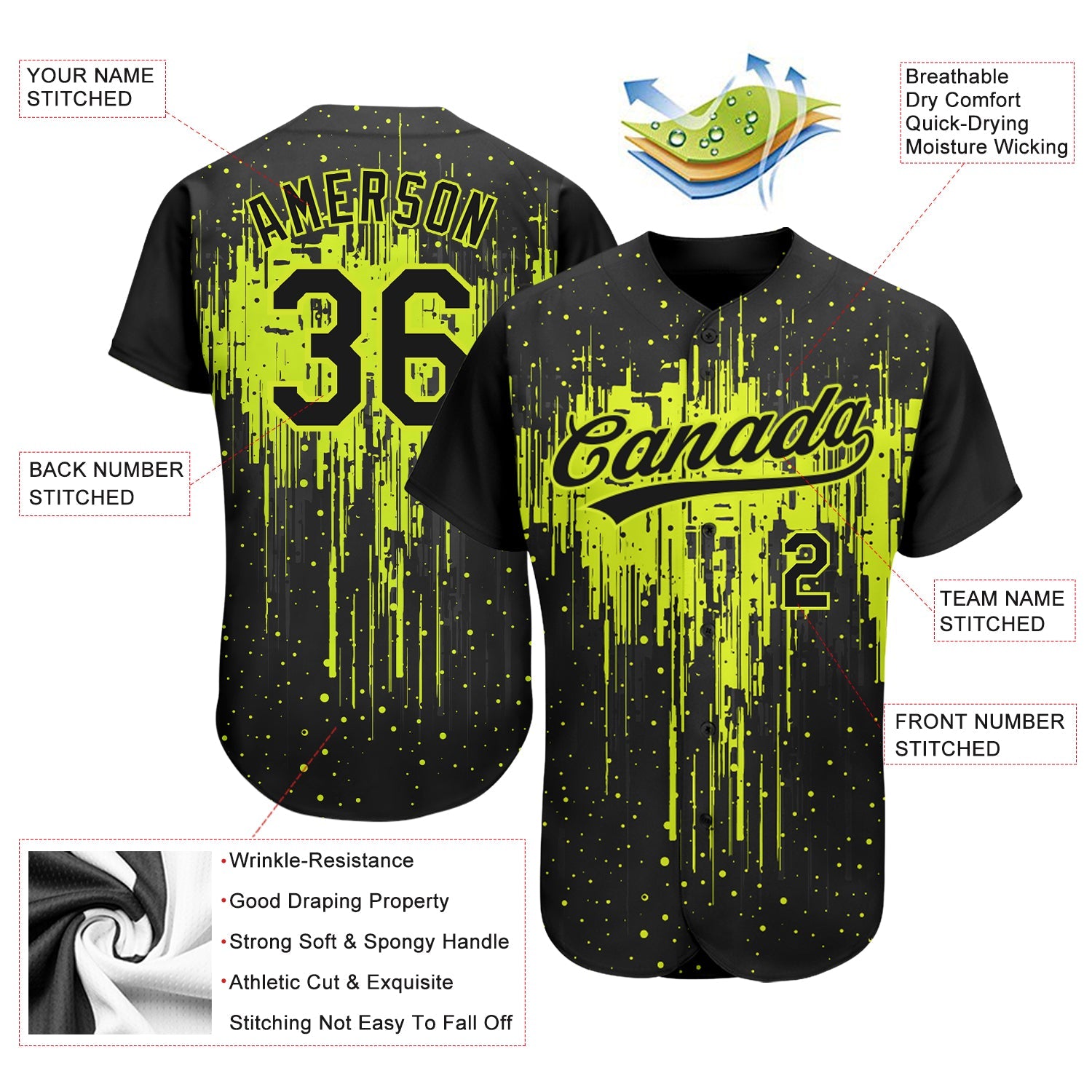 Custom Neon Green Black 3D Pattern Design Dripping Splatter Art Authentic Baseball Jersey view 4