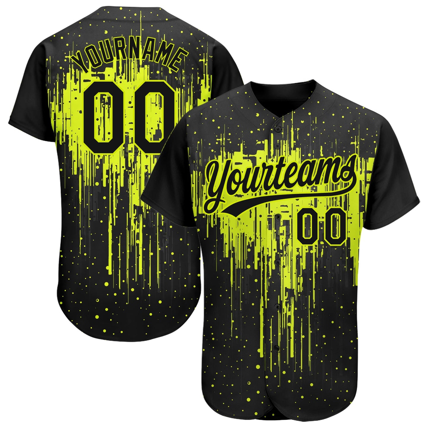Custom Neon Green Black 3D Pattern Design Dripping Splatter Art Authentic Baseball Jersey - Main View