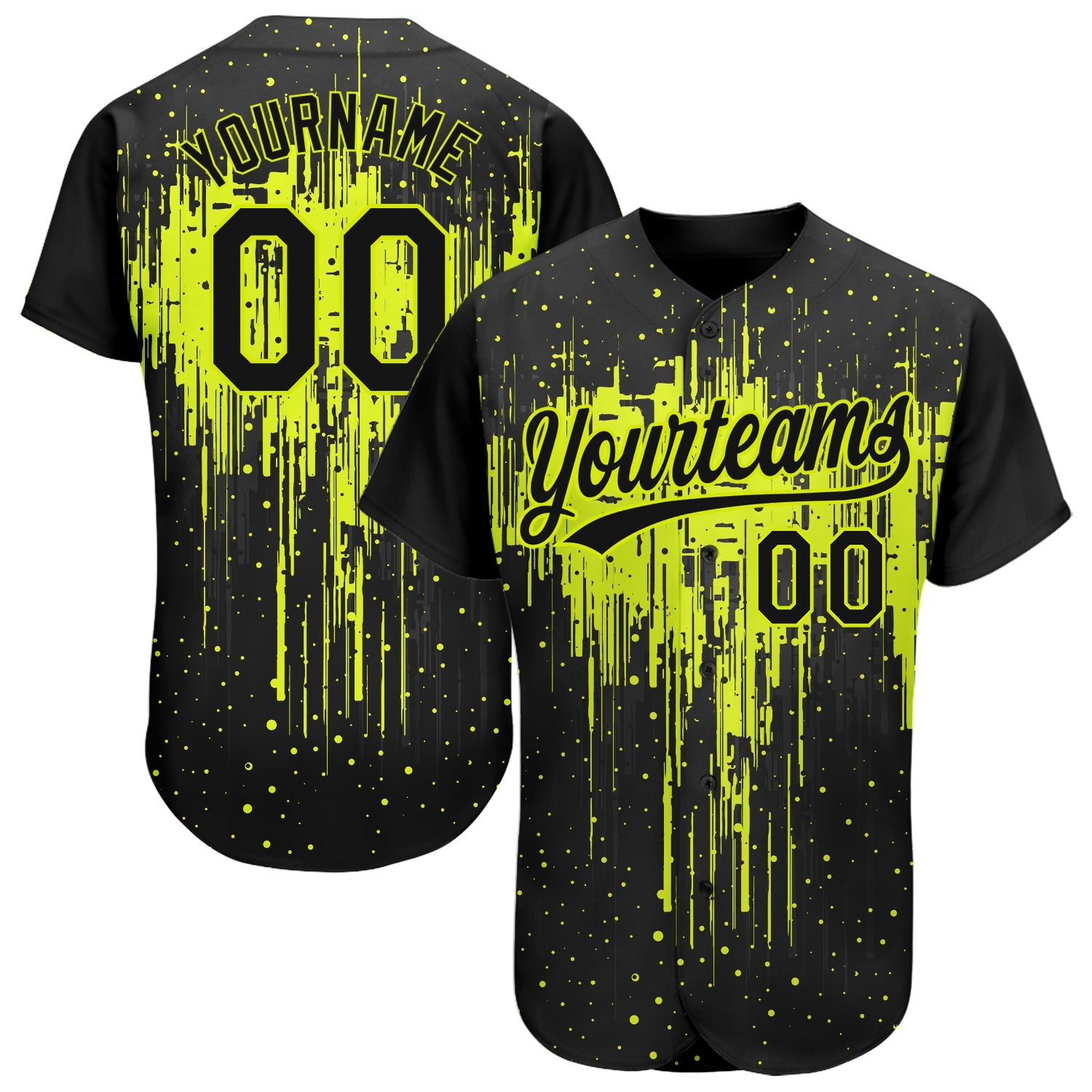 Custom Neon Green Black 3D Pattern Design Dripping Splatter Art Authentic Baseball Jersey - Main View