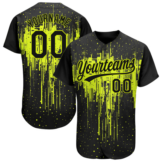 Custom Neon Green Black 3D Pattern Design Dripping Splatter Art Authentic Baseball Jersey - Main View
