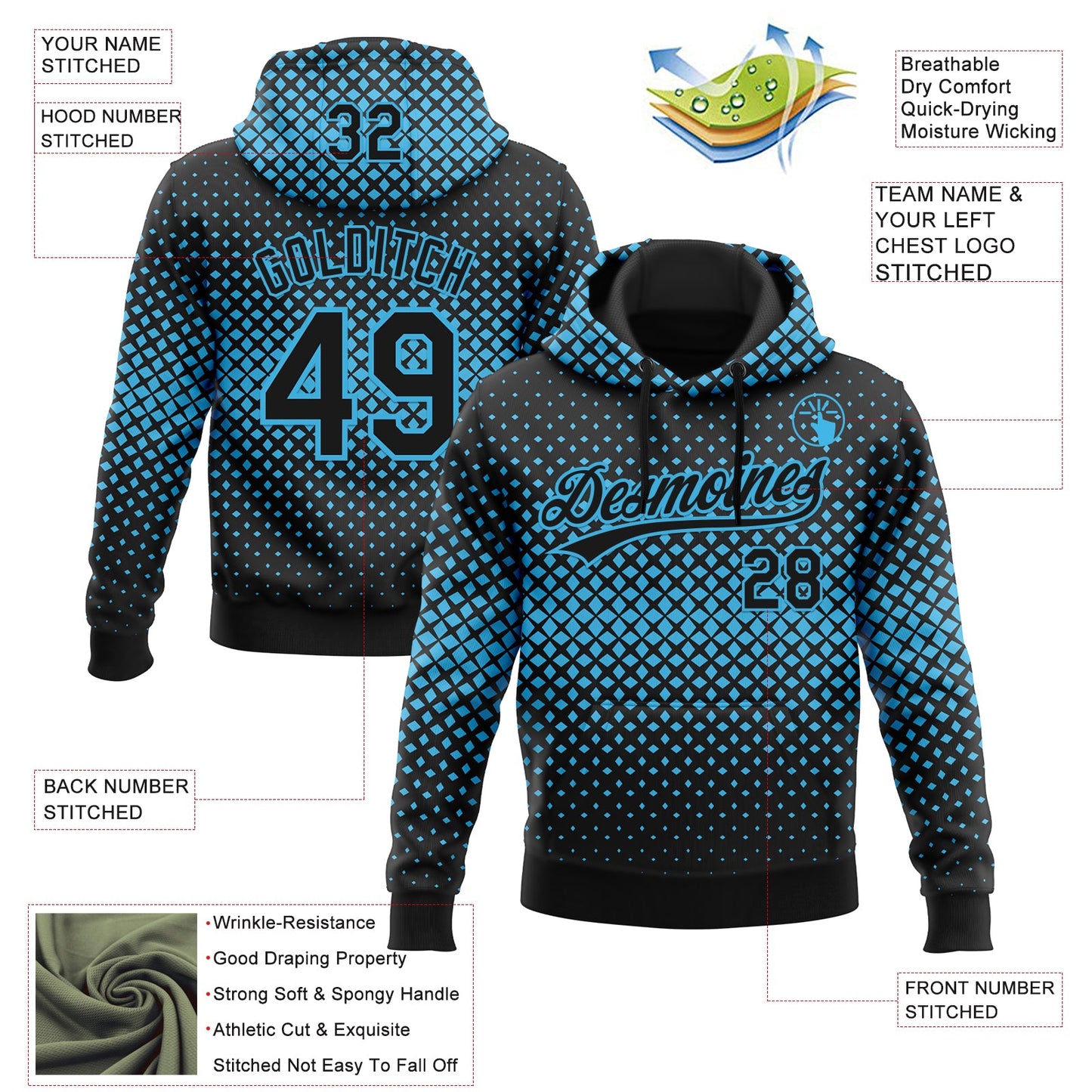 Custom Stitched Black Black-Sky Blue 3D Pattern Design Geometrico Graph Sports Pullover Sweatshirt Hoodie view 2