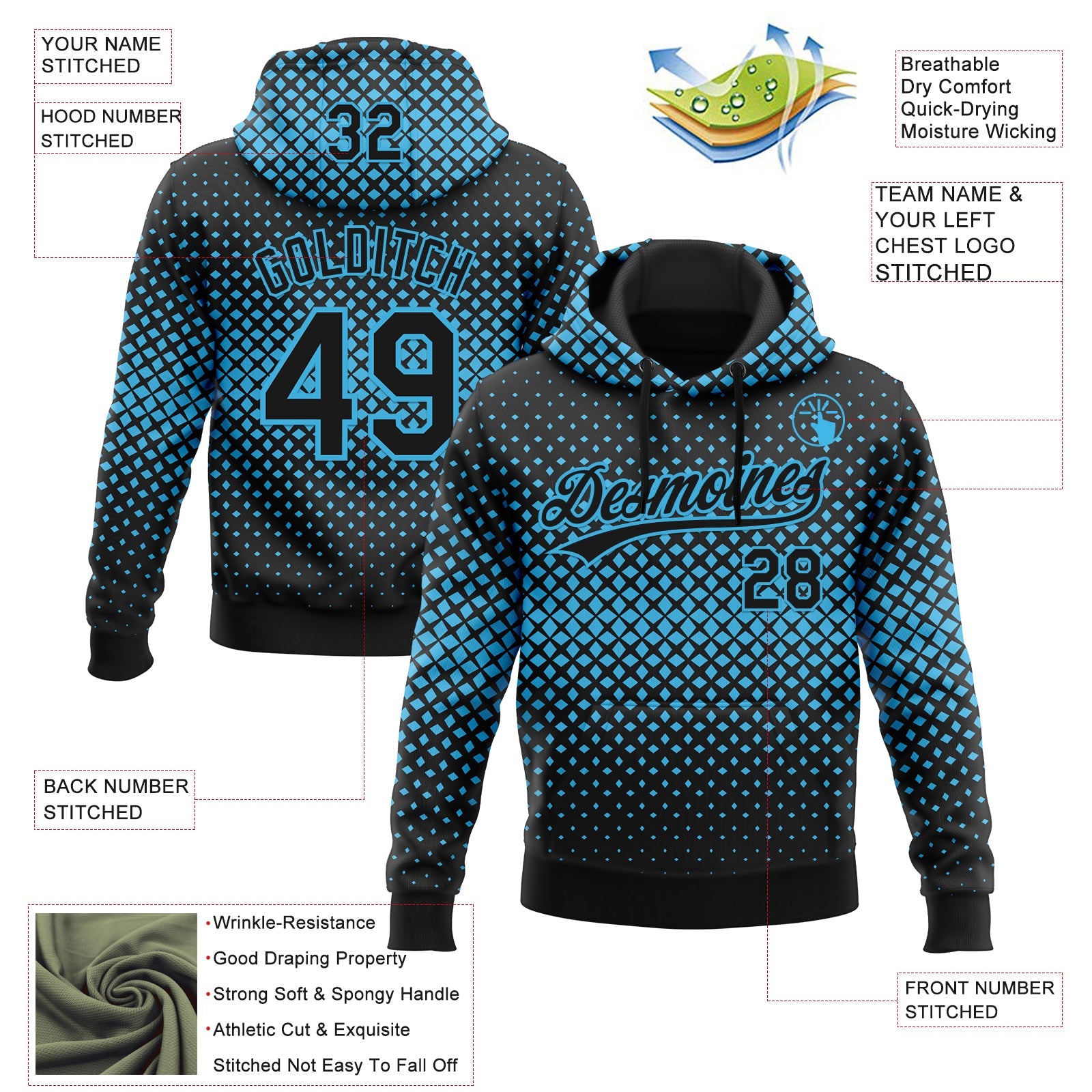 Custom Stitched Black Black-Sky Blue 3D Pattern Design Geometrico Graph Sports Pullover Sweatshirt Hoodie view 2