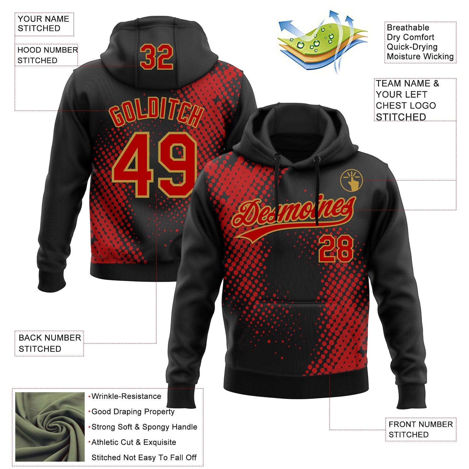 Custom Stitched Black Red-Old Gold 3D Pattern Design Geometrico Graph Sports Pullover Sweatshirt Hoodie view 2