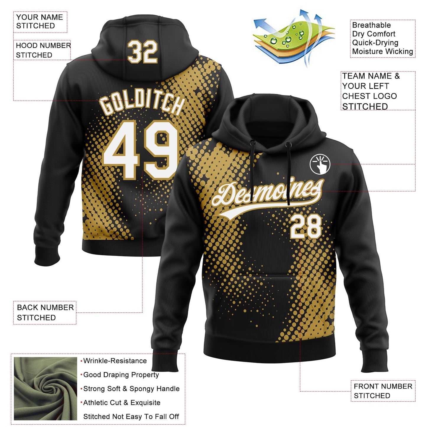 Custom Stitched Black White-Old Gold 3D Pattern Design Geometrico Graph Sports Pullover Sweatshirt Hoodie view 2