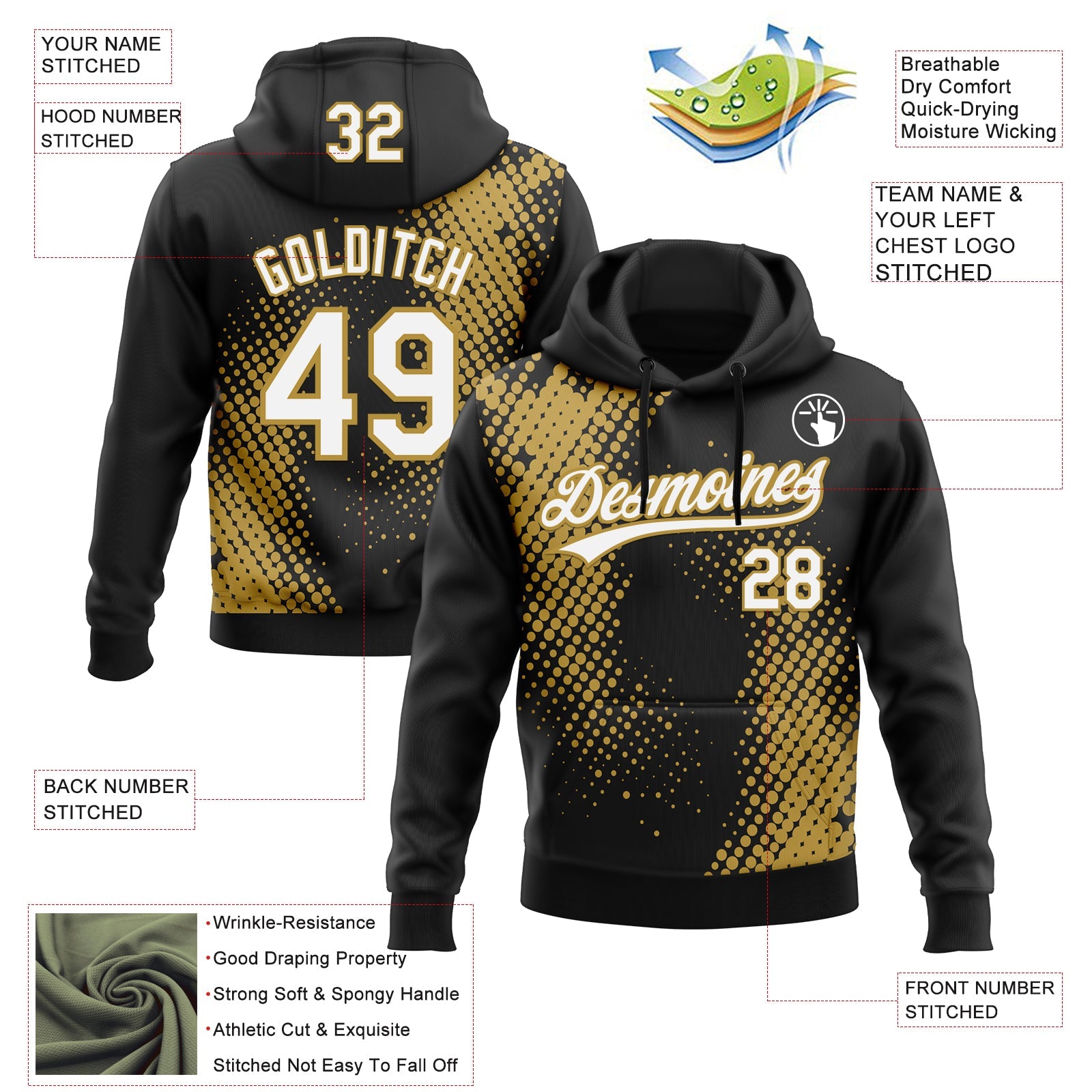 Custom Stitched Black White-Old Gold 3D Pattern Design Geometrico Graph Sports Pullover Sweatshirt Hoodie view 2