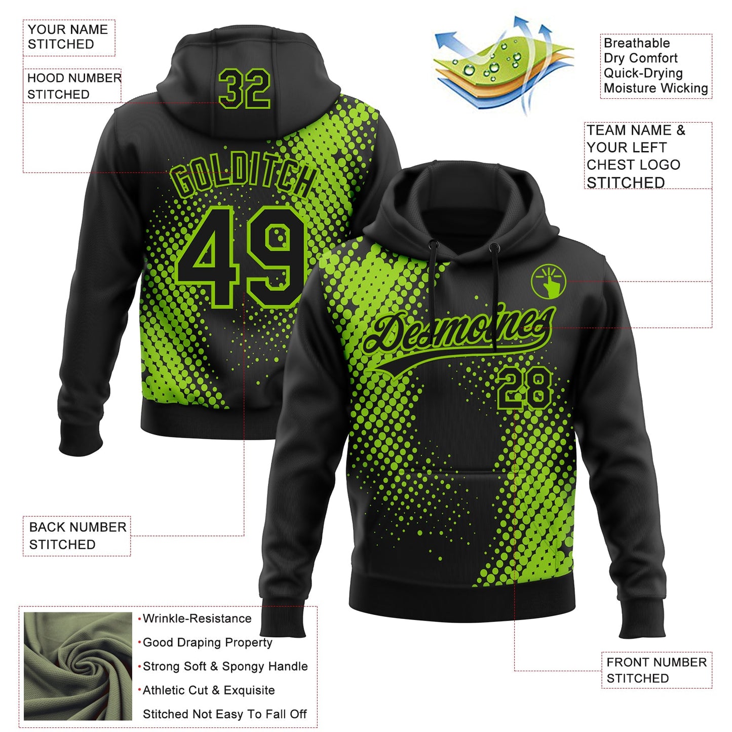 Custom Stitched Black Black-Neon Green 3D Pattern Design Geometrico Graph Sports Pullover Sweatshirt Hoodie view 2