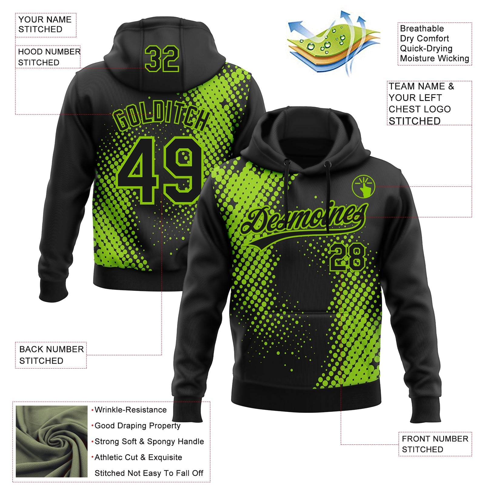 Custom Stitched Black Black-Neon Green 3D Pattern Design Geometrico Graph Sports Pullover Sweatshirt Hoodie view 2