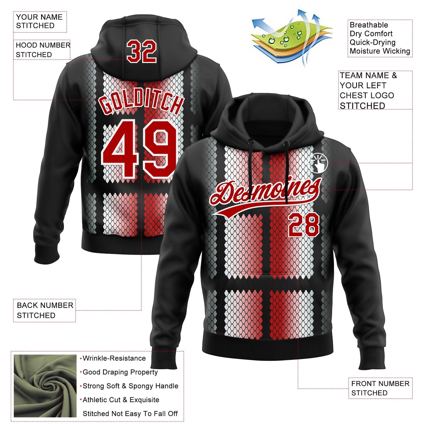 Custom Stitched Black Red-White 3D Pattern Design Geometrico Graph Sports Pullover Sweatshirt Hoodie view 2