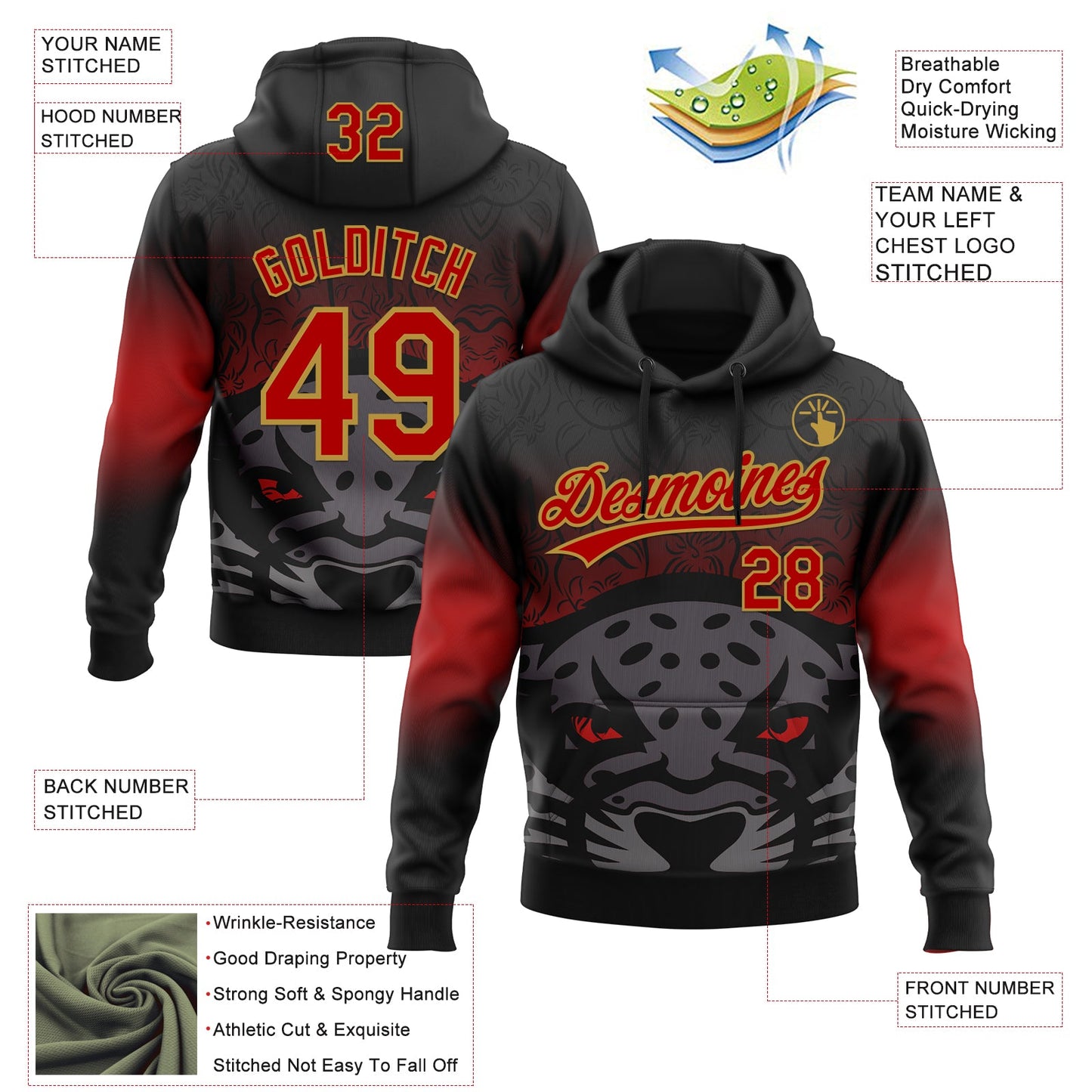 Custom Stitched Black Red-Old Gold 3D Pattern Design Leopardo Sports Pullover Sweatshirt Hoodie view 2