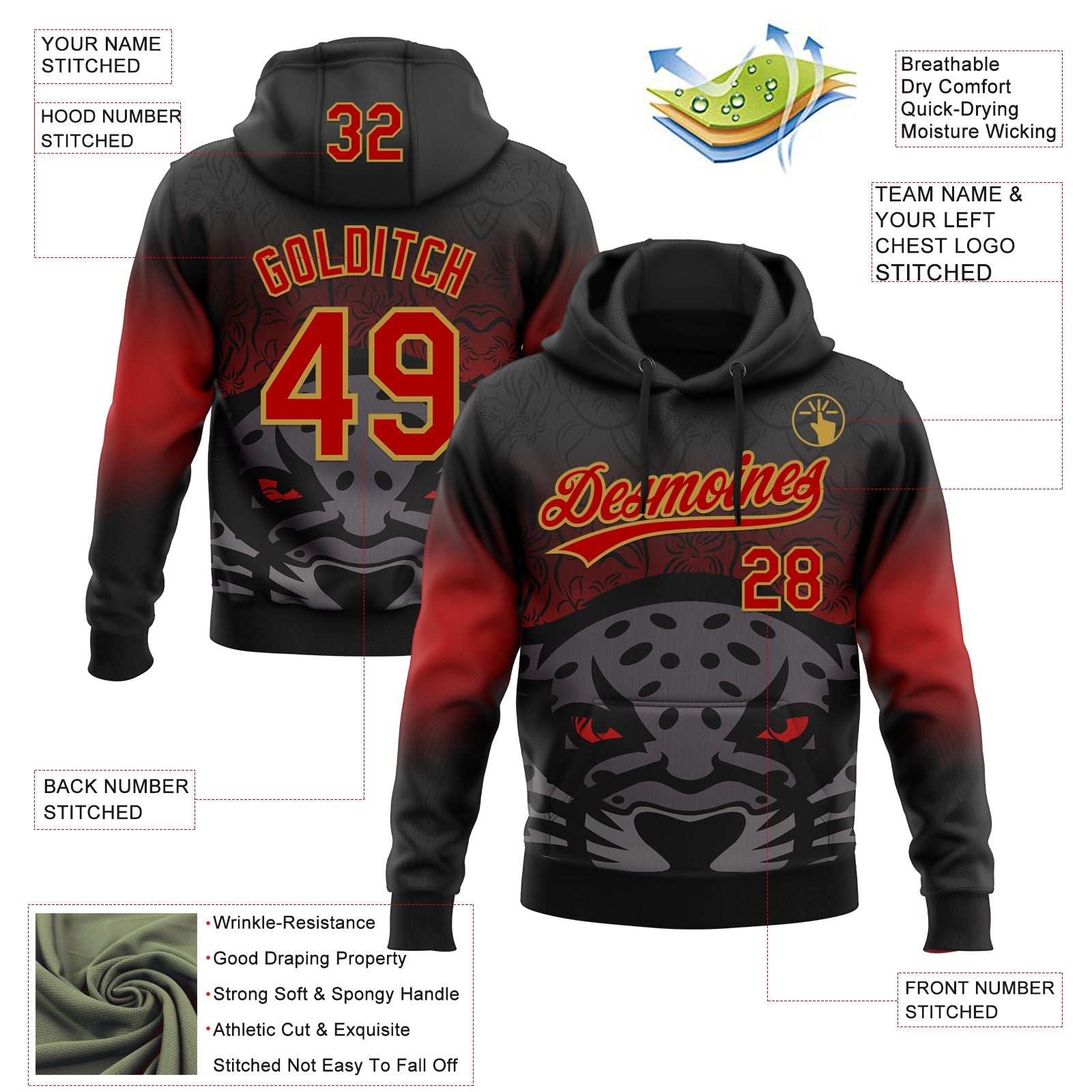 Custom Stitched Black Red-Old Gold 3D Pattern Design Leopardo Sports Pullover Sweatshirt Hoodie view 2