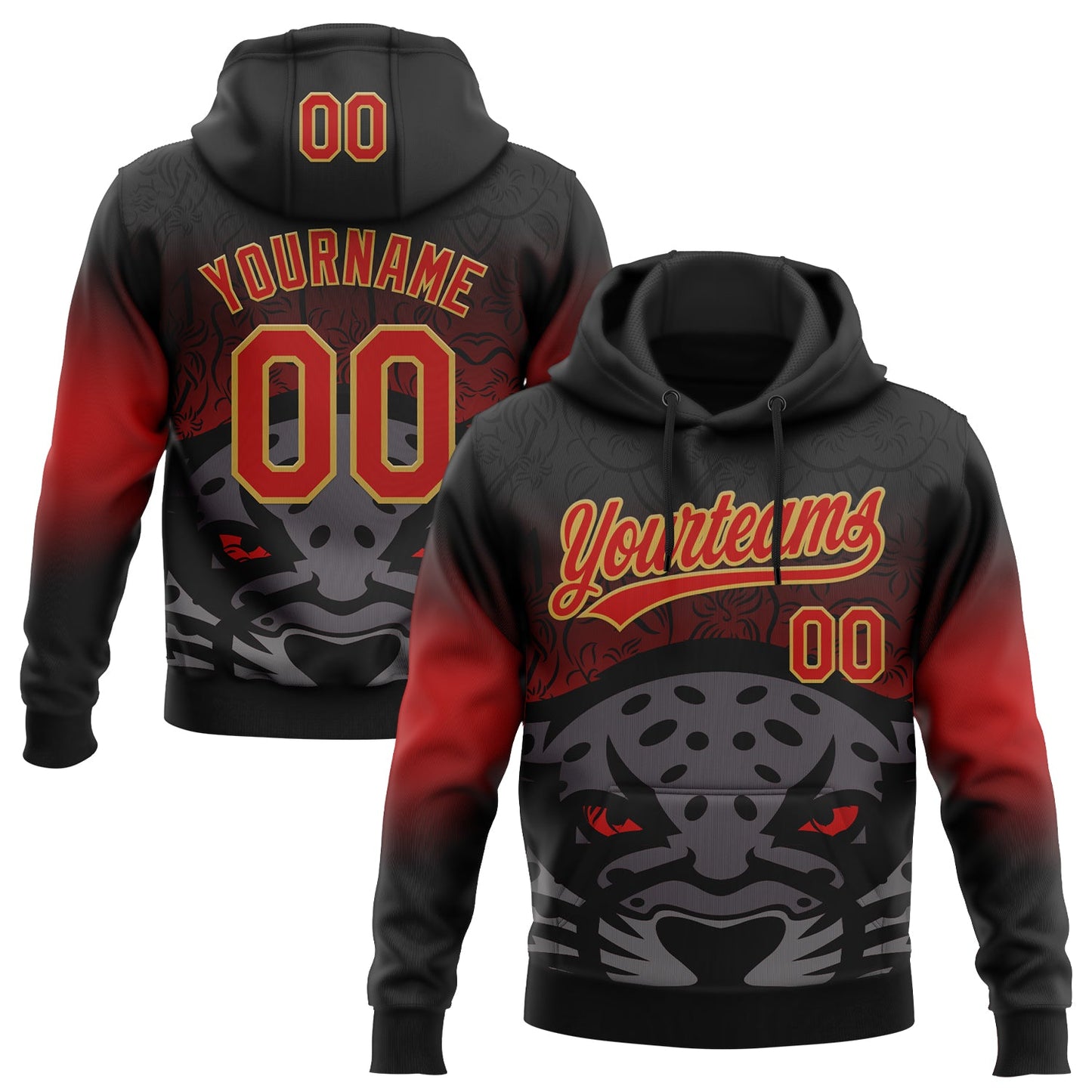 Custom Stitched Black Red-Old Gold 3D Pattern Design Leopardo Sports Pullover Sweatshirt Hoodie - Main View
