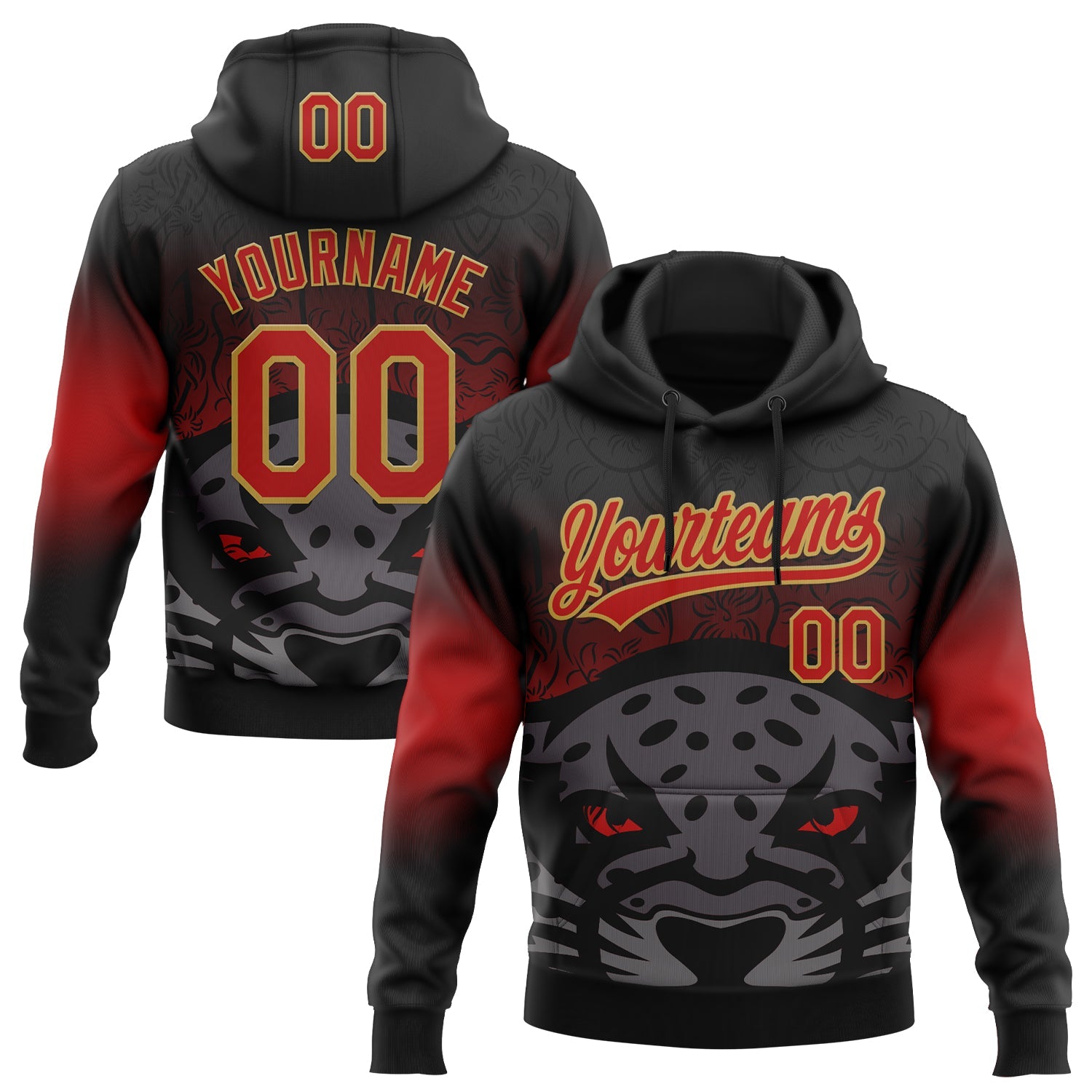 Custom Stitched Black Red-Old Gold 3D Pattern Design Leopardo Sports Pullover Sweatshirt Hoodie - Main View