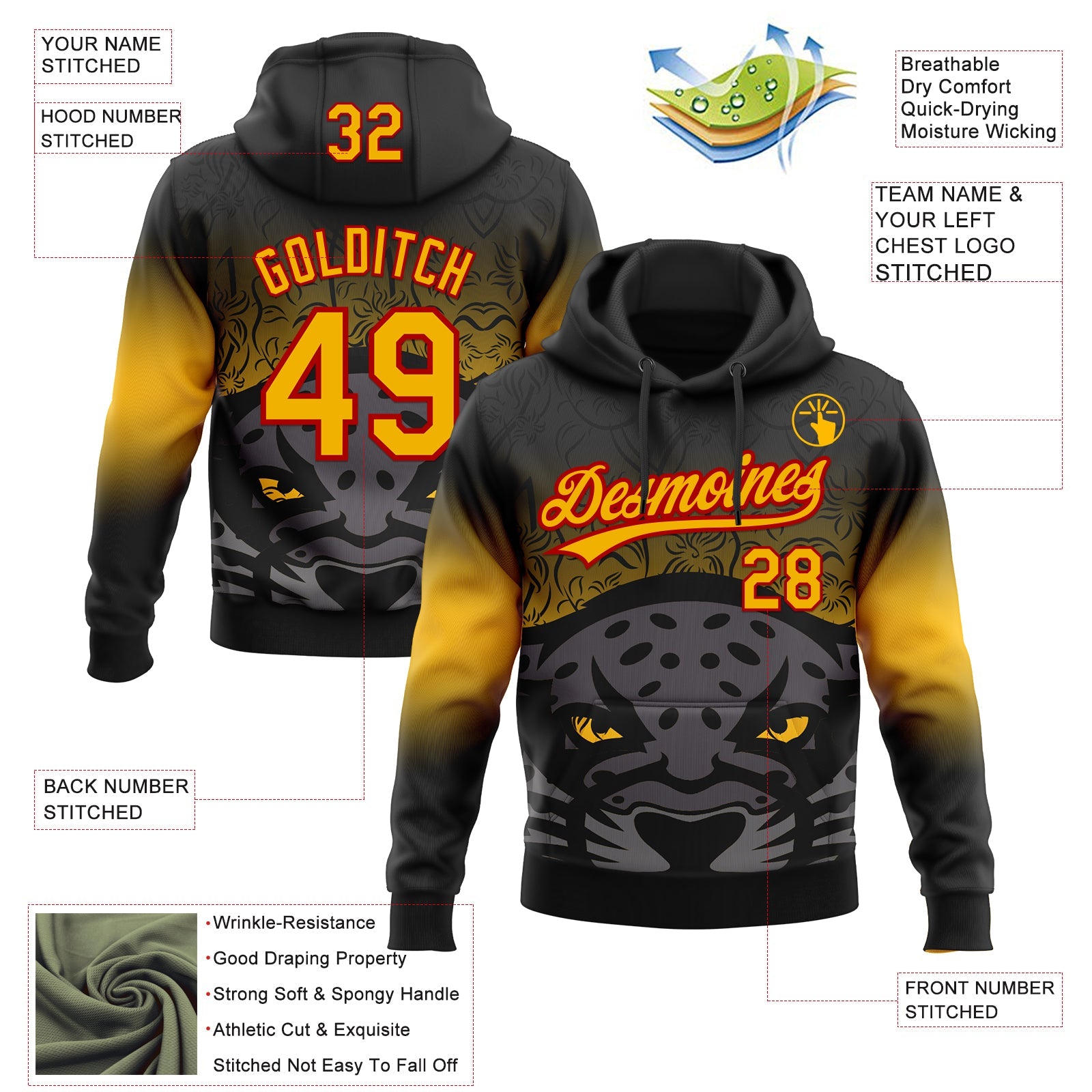 Custom Stitched Black Gold-Red 3D Pattern Design Leopardo Sports Pullover Sweatshirt Hoodie view 2