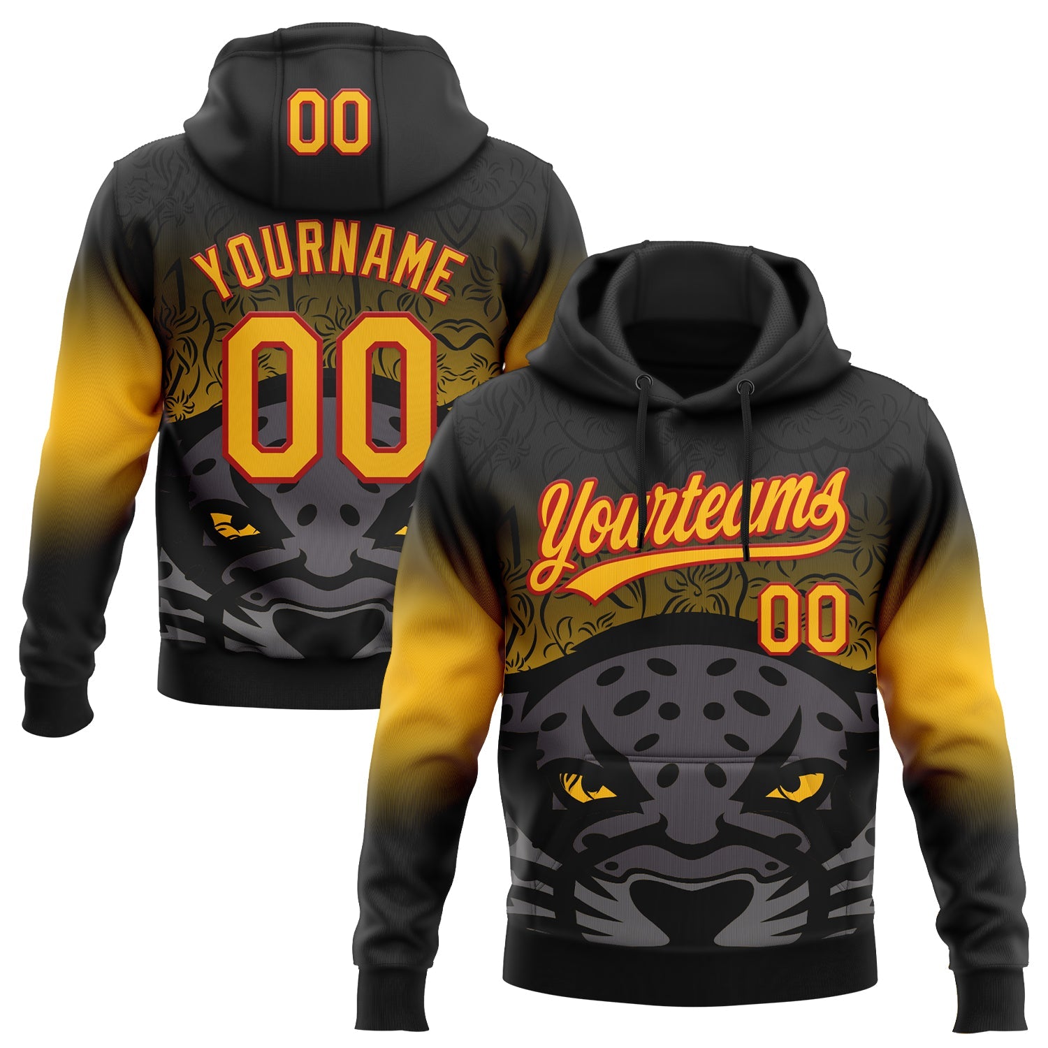 Custom Stitched Black Gold-Red 3D Pattern Design Leopardo Sports Pullover Sweatshirt Hoodie - Main View