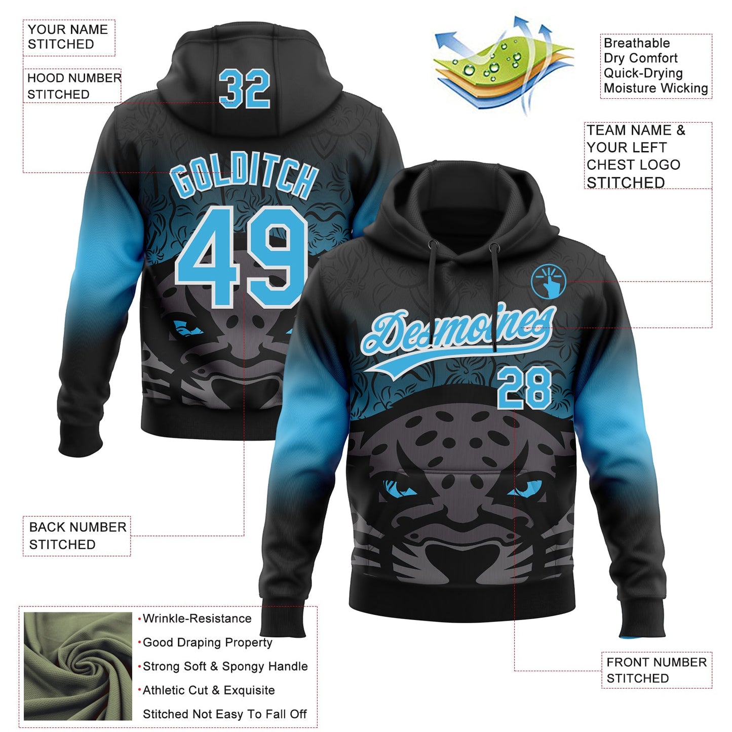 Custom Stitched Black Sky Blue-White 3D Pattern Design Leopardo Sports Pullover Sweatshirt Hoodie view 2
