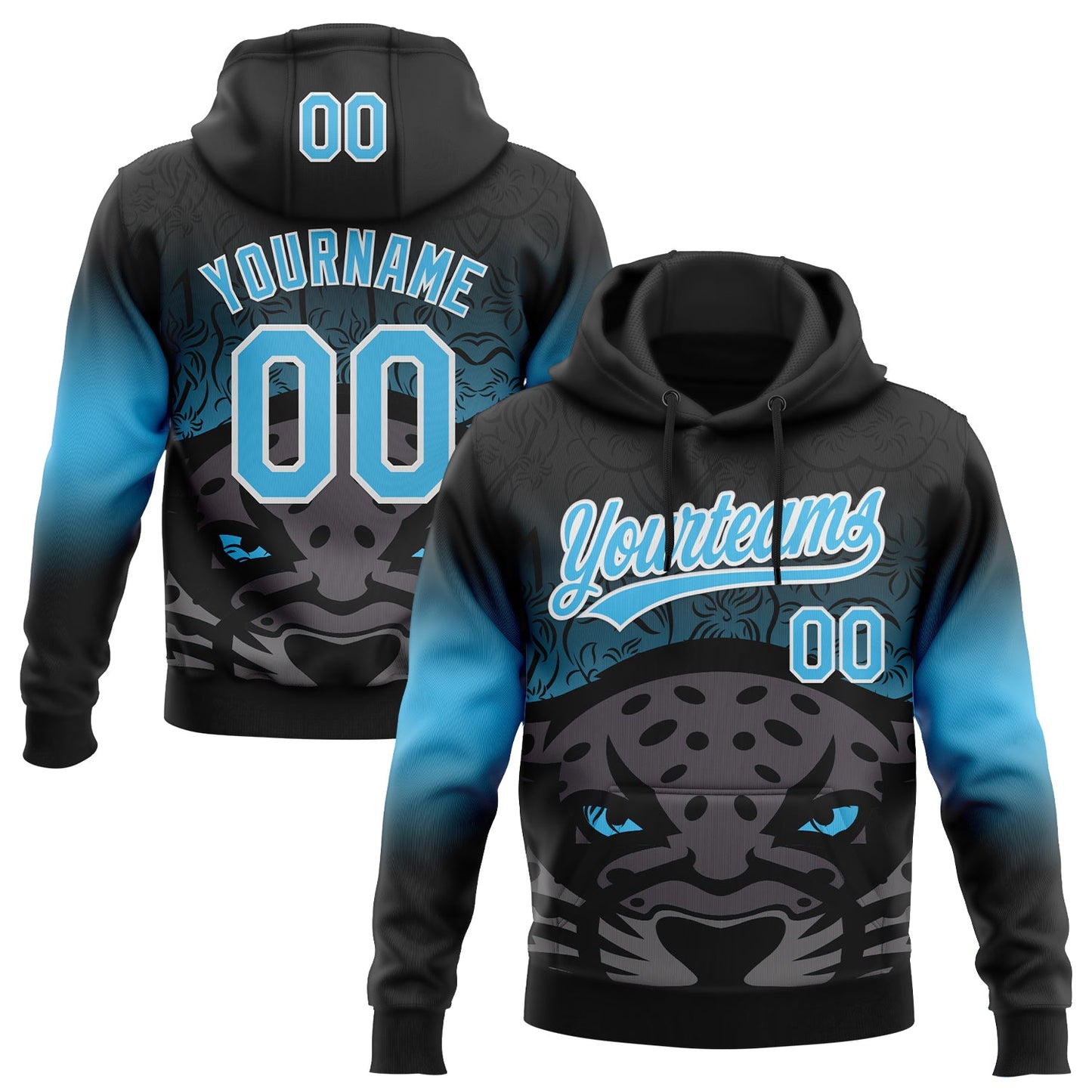 Custom Stitched Black Sky Blue-White 3D Pattern Design Leopardo Sports Pullover Sweatshirt Hoodie - Main View