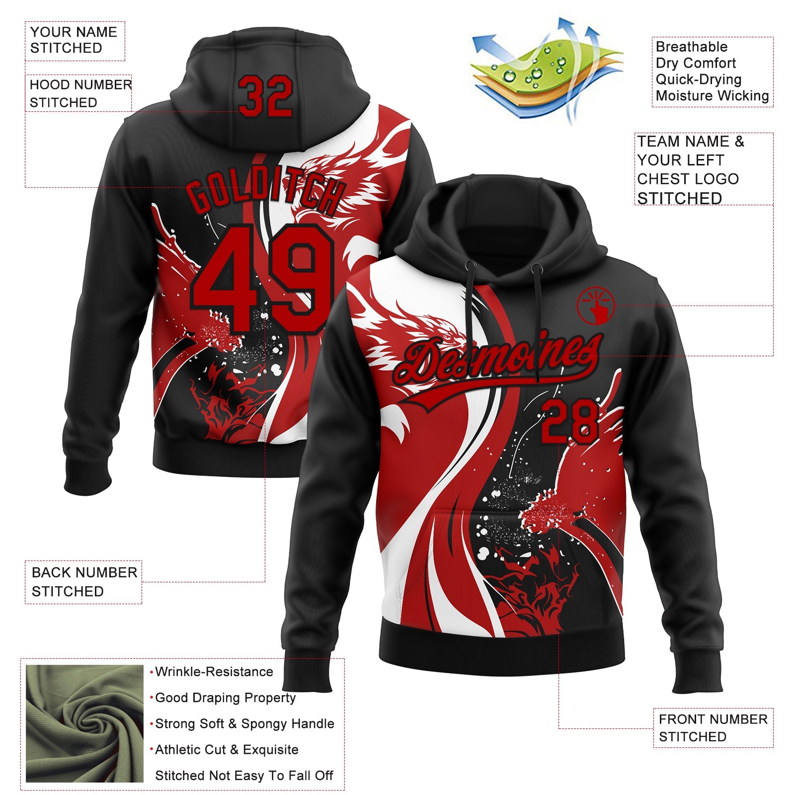 Custom Stitched White Red-Black 3D Pattern Design Wolf Sports Pullover Sweatshirt Hoodie view 2