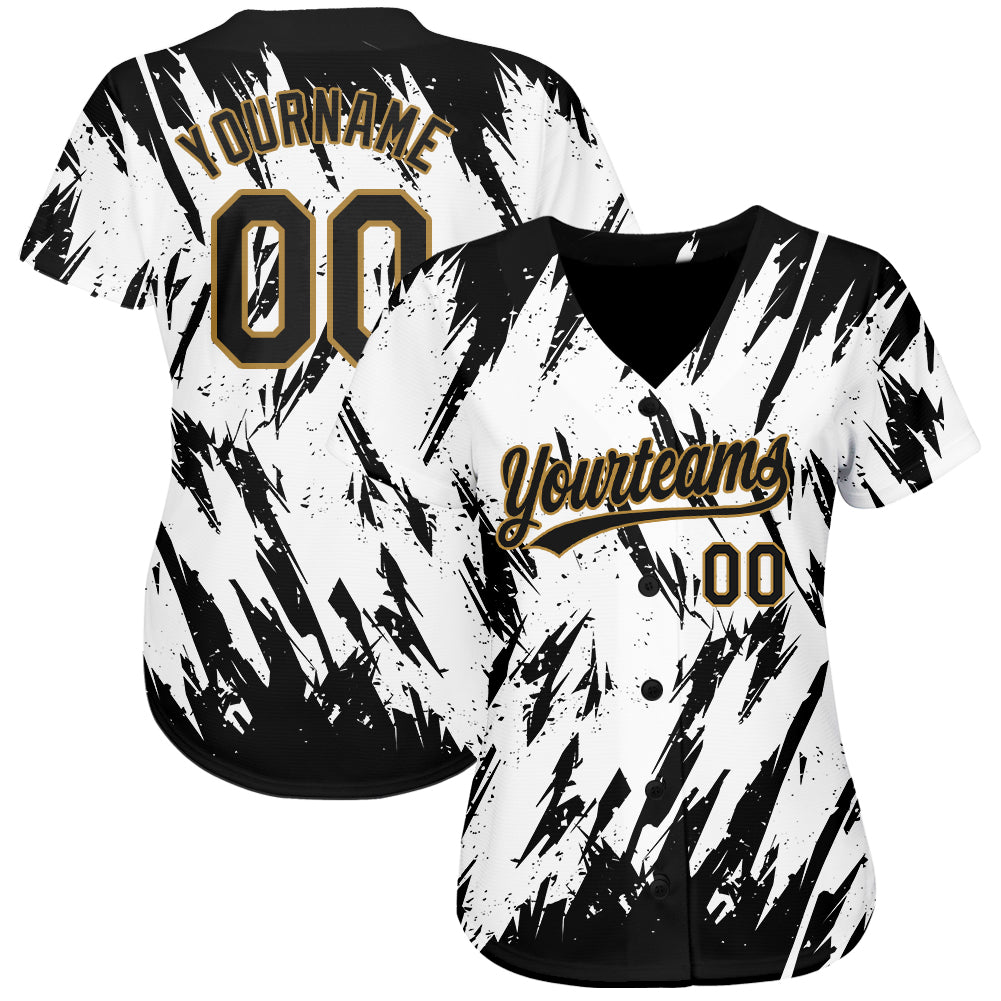 Custom White Black-Old Gold 3D Pattern Design Authentic Baseball Jersey view 2